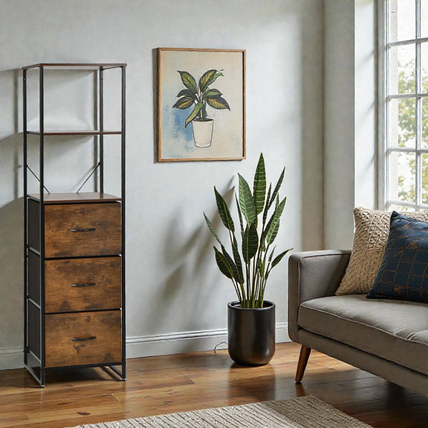 Front. Hivvago - Contemporary Storage Tower with 3 Shelves and Collapsible Drawers - Rustic Brown.
