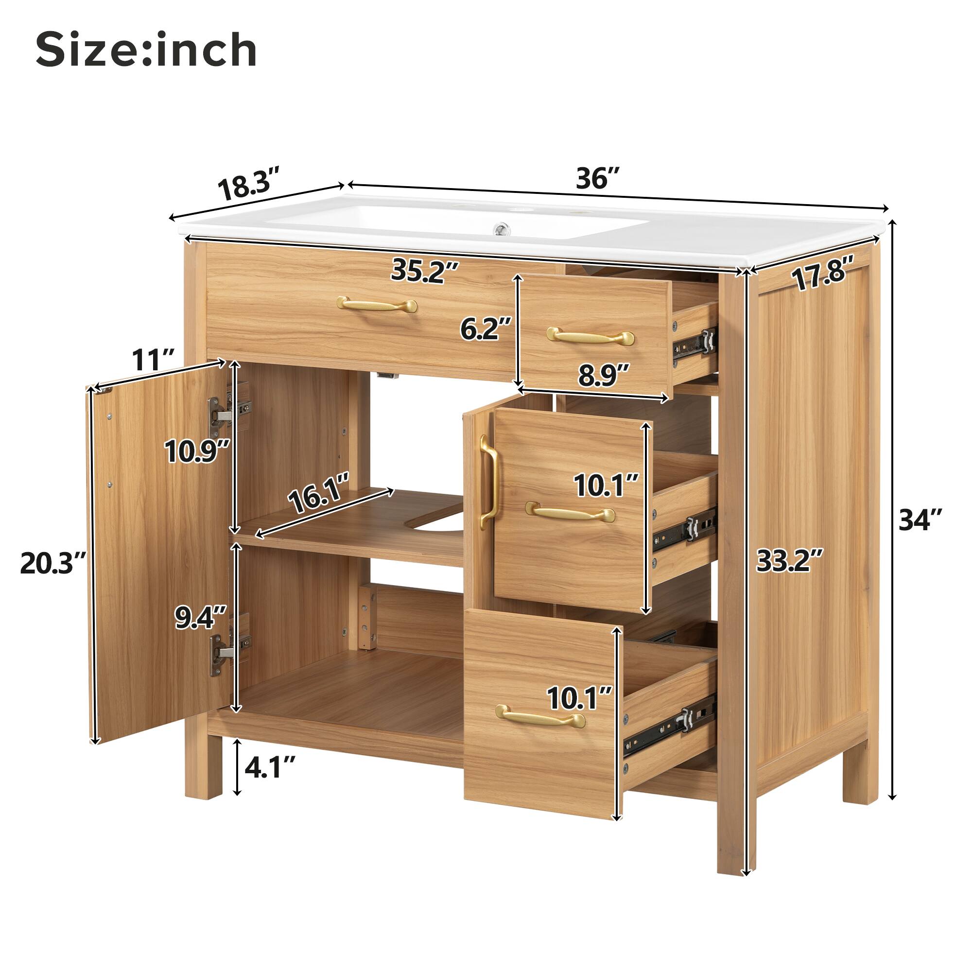 Size: inch

- Length: 36"
- Width: 18.3"
- Height: 34"
- Top Surface: 35.2" x 17.8"
- Drawer 1: 10.1" x 8.9"
- Drawer 2: 10.1" x 8.9"
- Shelf 1: 16.1" x 10.9"
- Shelf 2: 16.1" x 9.4"
- Side Panel: 20.3" x 11"
- Bottom Shelf: 16.1" x 9.4"
- Leg Height: 4.1"