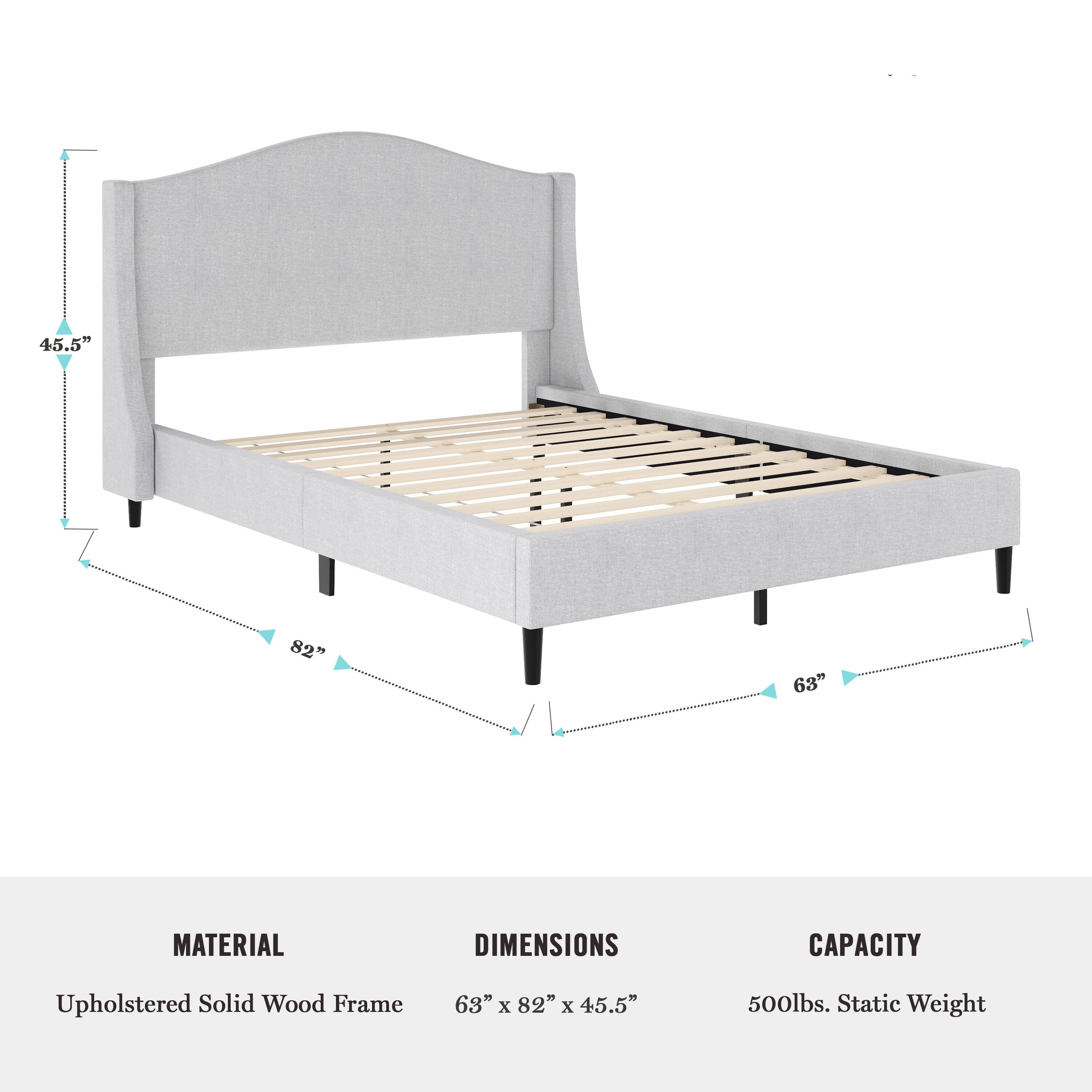 The text on the image reads:

Material: Upholstered Solid Wood Frame
Dimensions: 63" x 82" x 45.5"
Capacity: 500lbs. Static Weight