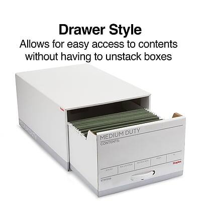 Drawer Style  
Allows for easy access to contents without having to unstack boxes  

MEDIUM DUTY  
CONTENTS  

STAPLES  
S1R224