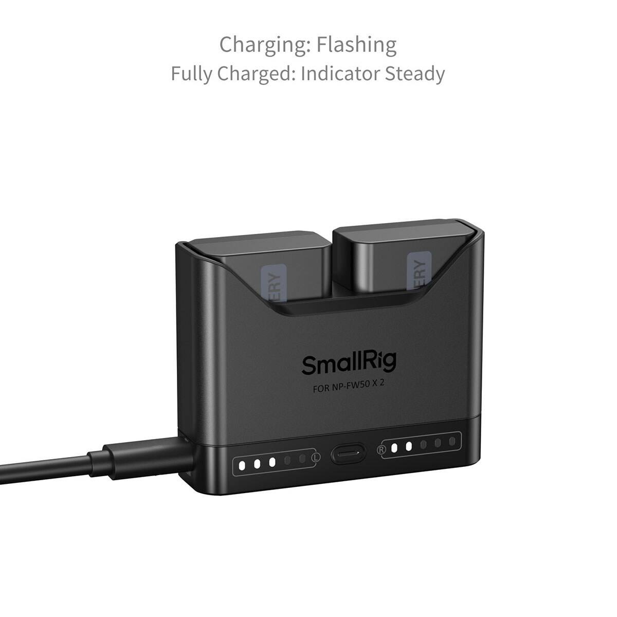 Charging: Flashing  
Fully Charged: Indicator Steady  

SmallRig X 2 FOR NP-FW50