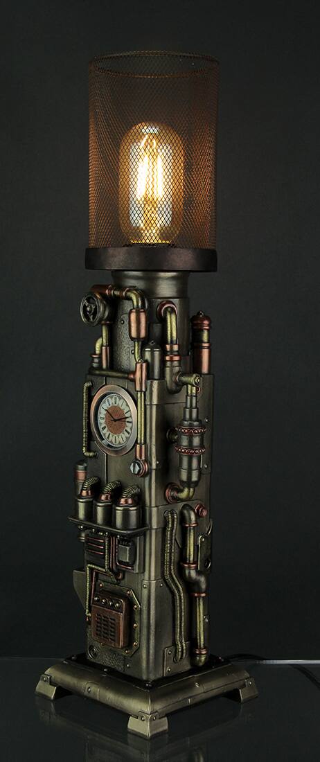 Alt View 1. Veronese Design - Steampunk Industrial Piping Tower Beacon Clock Mesh Table Lamp - Bronze.