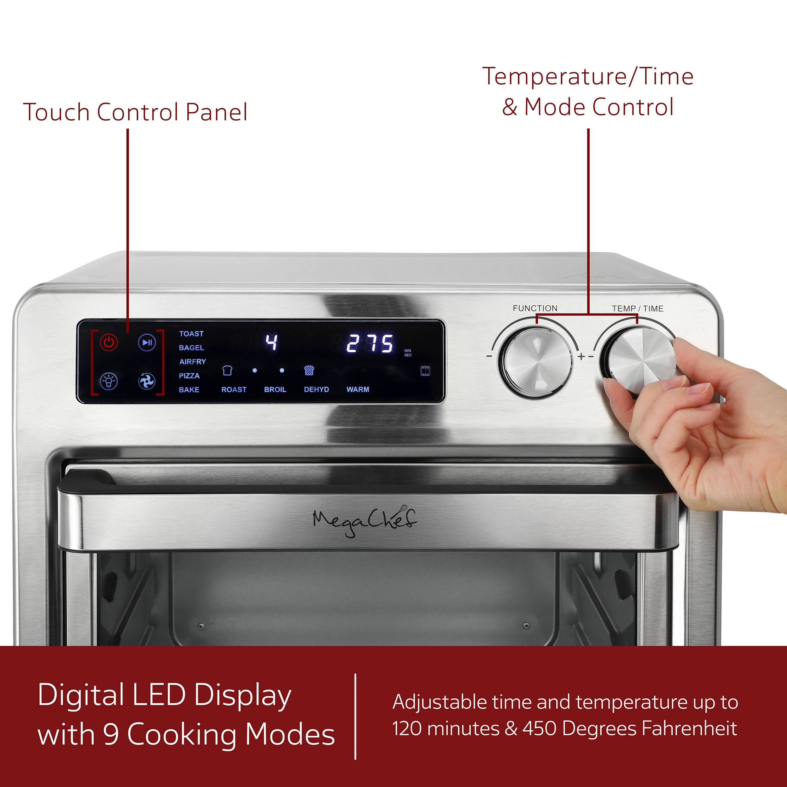 Touch Control Panel, Temperature/Time & Mode Control, Digital LED Display with 9 Cooking Modes, Adjustable time and temperature up to 120 minutes & 450 Degrees Fahrenheit