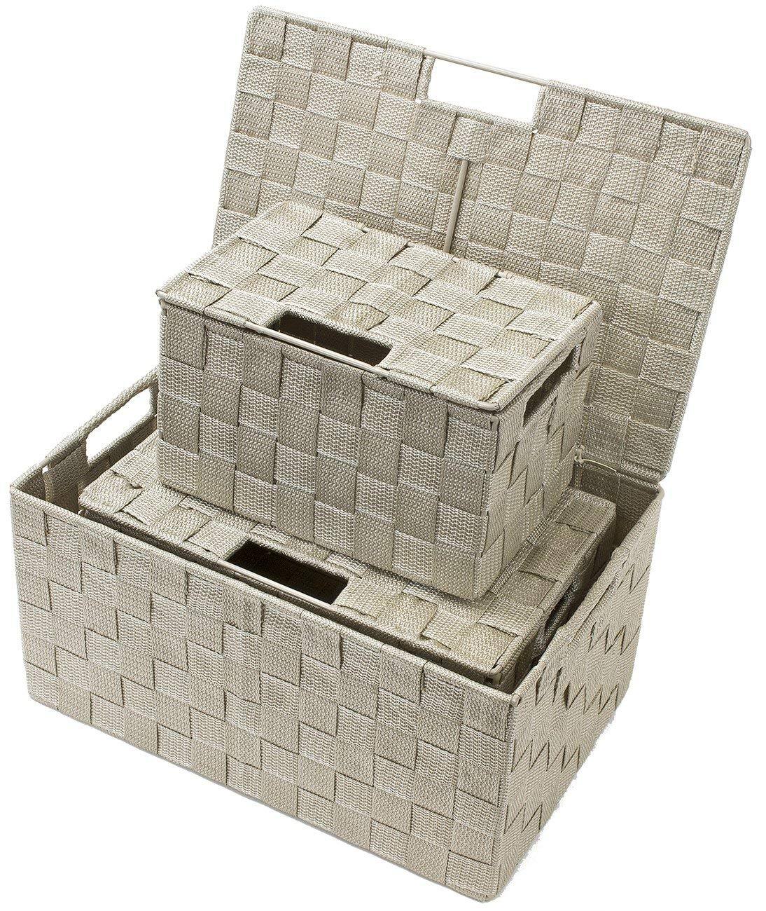 Left. Sorbus - Sorbus Set of 3 Storage Baskets for Organizing with Lid, Mesh, Linen, Organizer Storage Baskets for Home or Office - Beige.