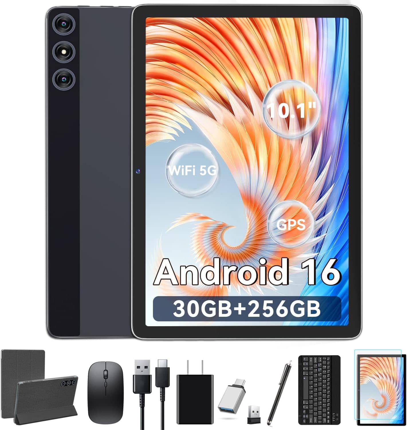 FEONAL - 10.1 Inch Android 16 Tablet with Keyboard 30GB+256GB, 5G WiFi, 2026 New Tab, Octa-Core, Mouse, Stylus and Case Included - Gray