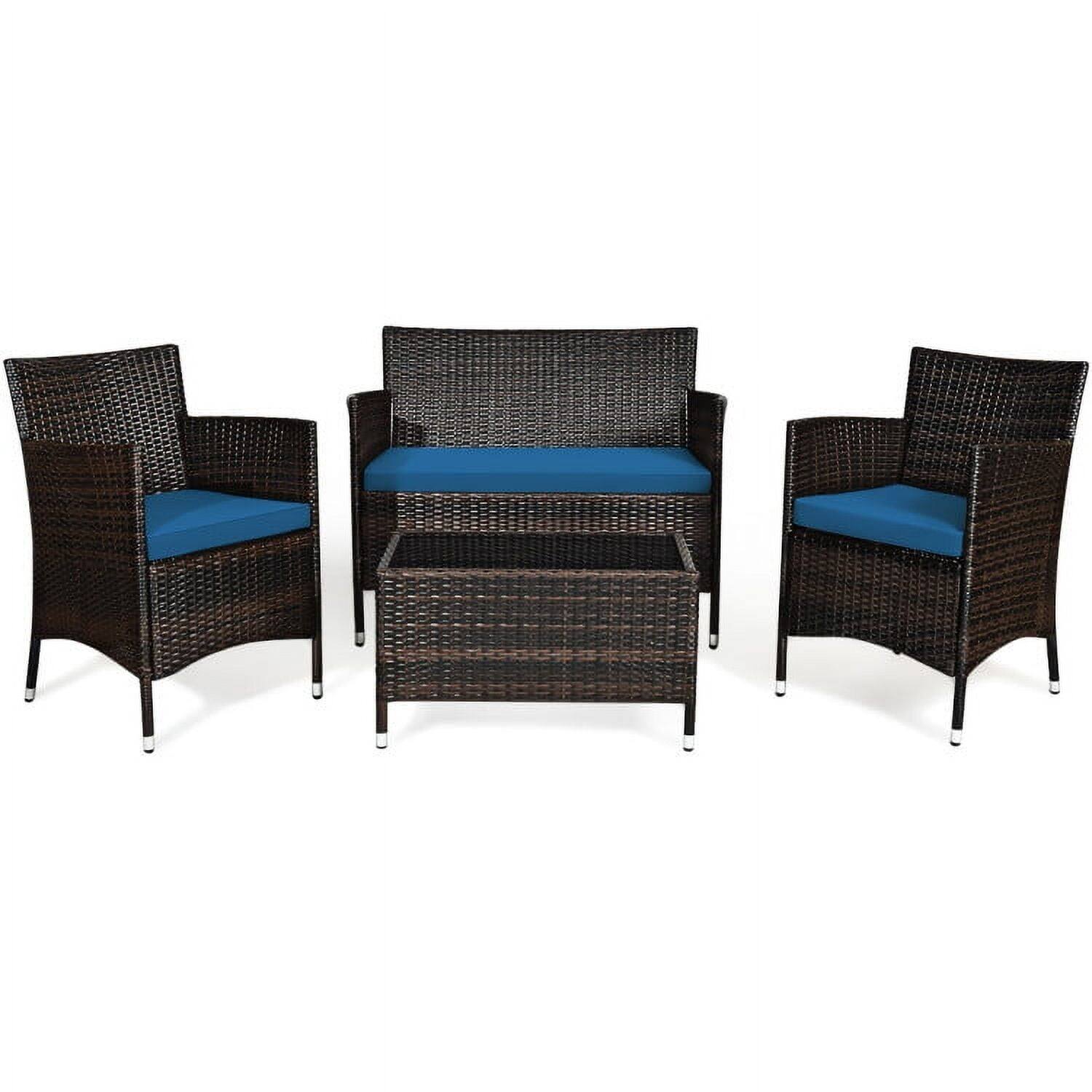 Alt View 1. Pefilos - 4 Pieces Padded Outdoor Rattan Sofa Set, Wicker Furniture Sets, Patio Conversation Sets with Glass Coffee Table - Blue.