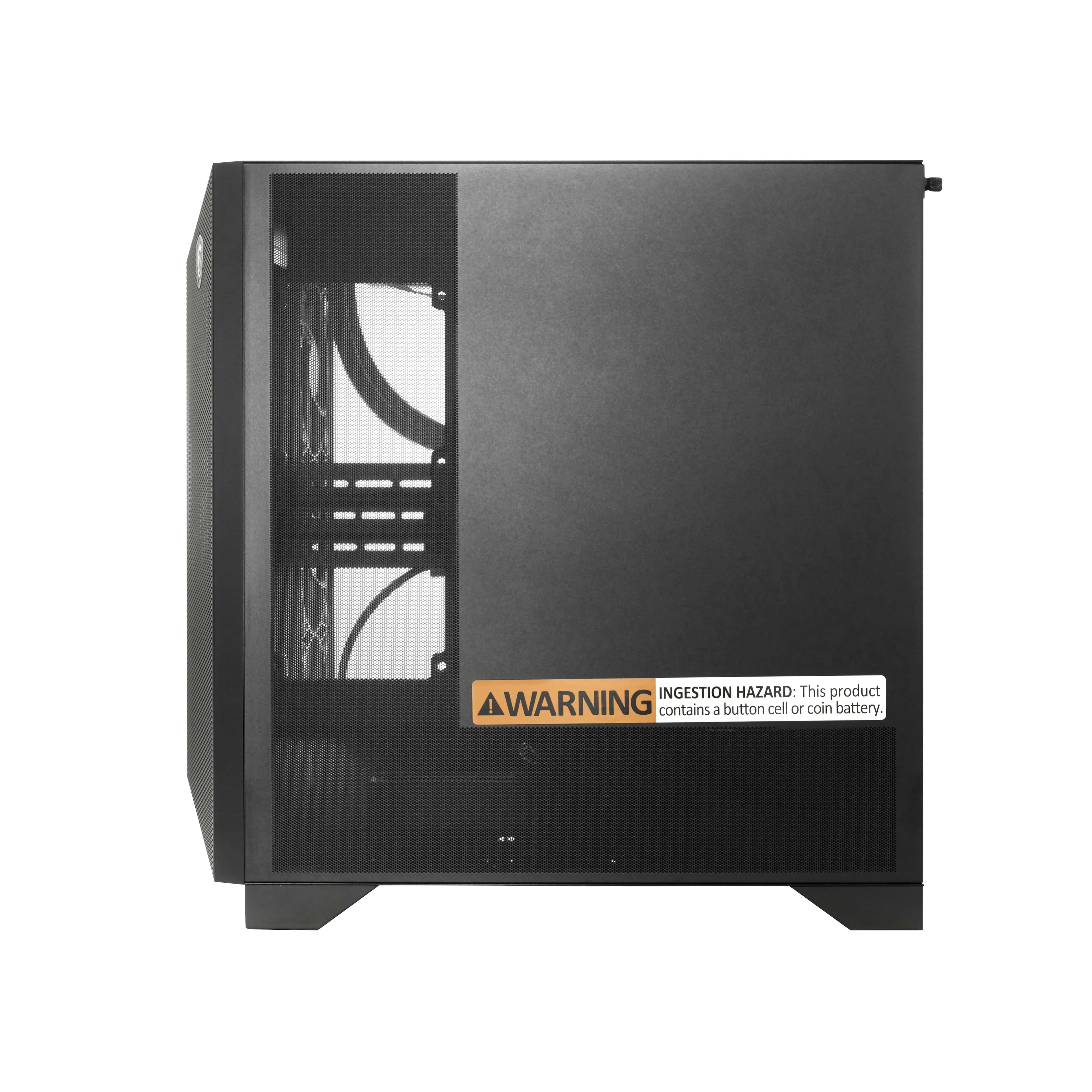 The image features a black box with a warning label on it. The warning label states that the product contains a button cell or coin battery, which can pose an ingestion hazard. This indicates that the box should be handled with care and kept out of reach of children or pets to prevent accidental ingestion of the battery.