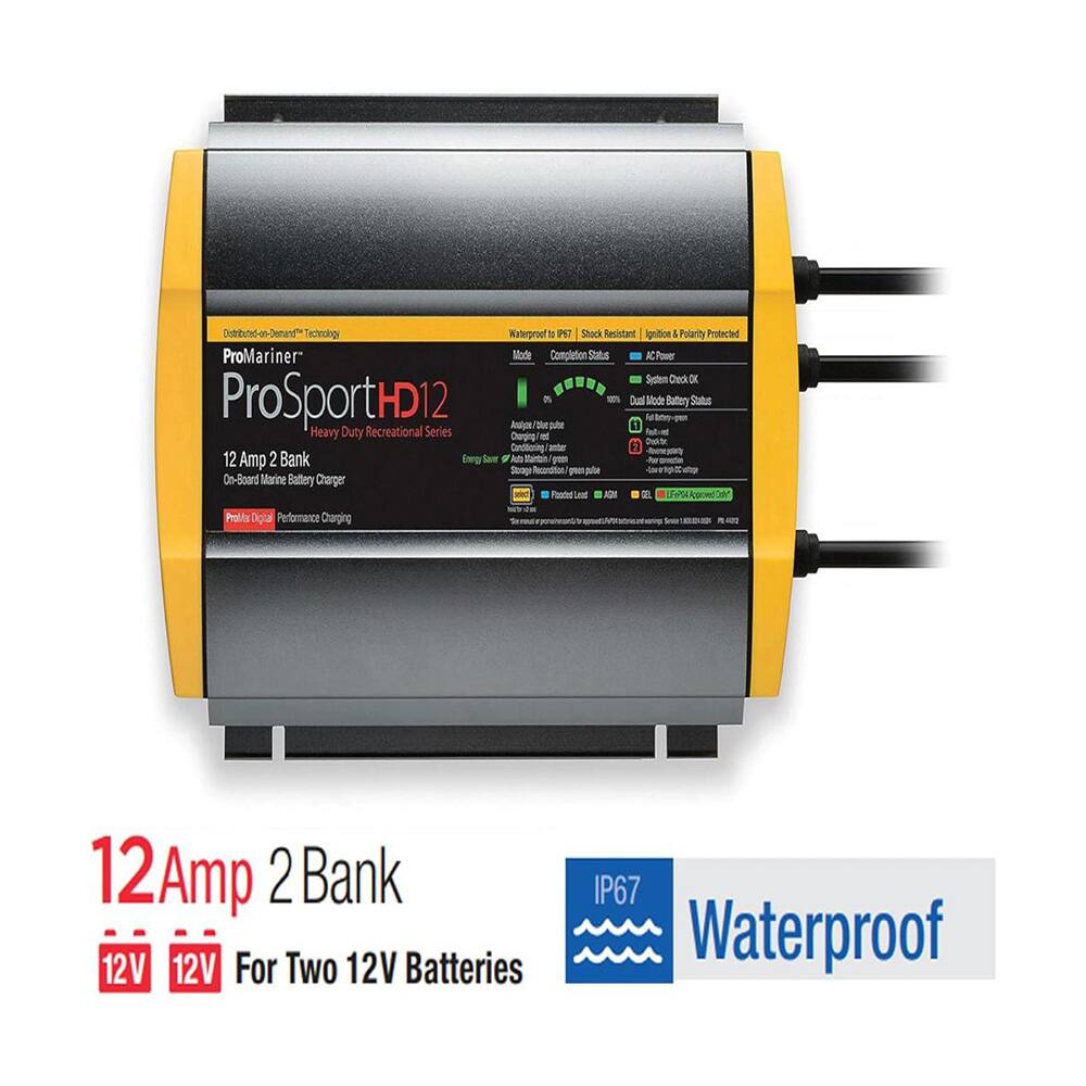Distributed-on-Demand™ Technology  
ProMariner  
ProSport HD12  
Heavy Duty Recreational Series  
12 Amp 2 Bank  
On-Board Marine Battery Charger  
ProMariner Digital Performance Charging  

IP67 Waterproof  
Shock Resistant  
Ignition & Polarity Protected  

12 Amp 2 Bank  
For Two 12V Batteries  

Waterproof