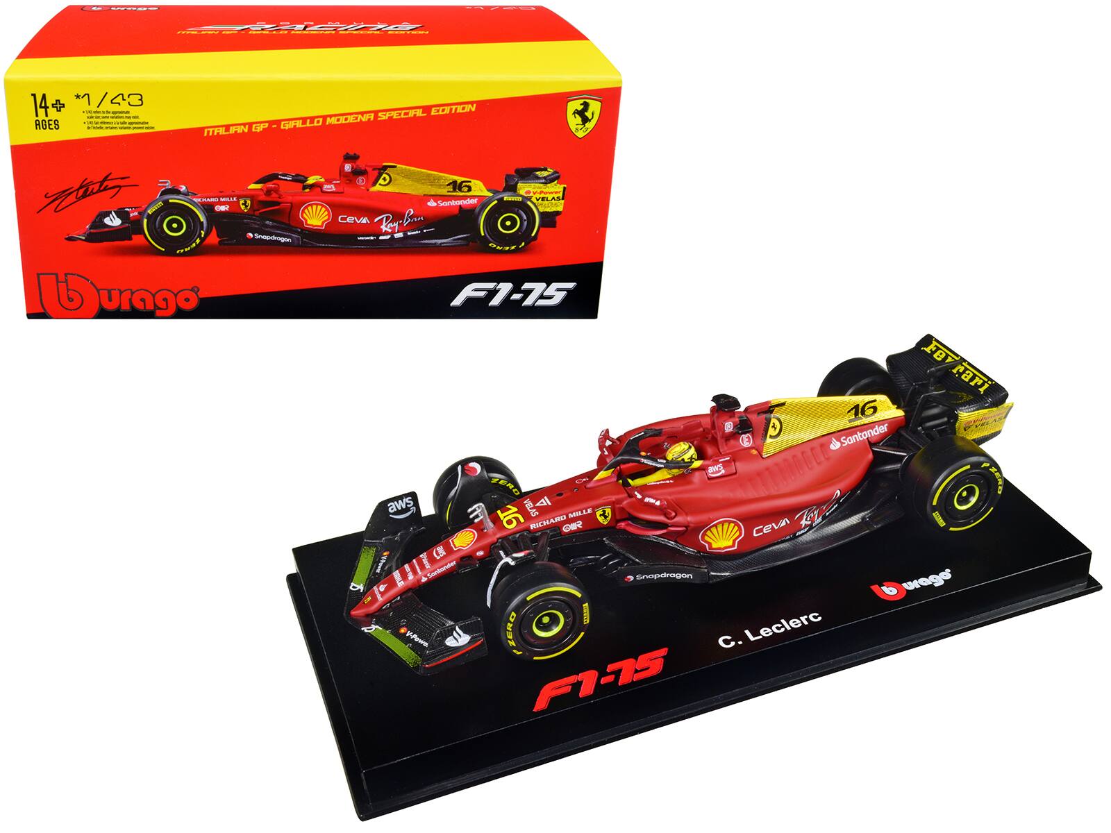 Ferrari F1-75 #16 Charles Leclerc Giallo Modena 2nd Place F1 Italian GP 2022 Formula Racing Display 1/43 Diecast Bburago - Red 