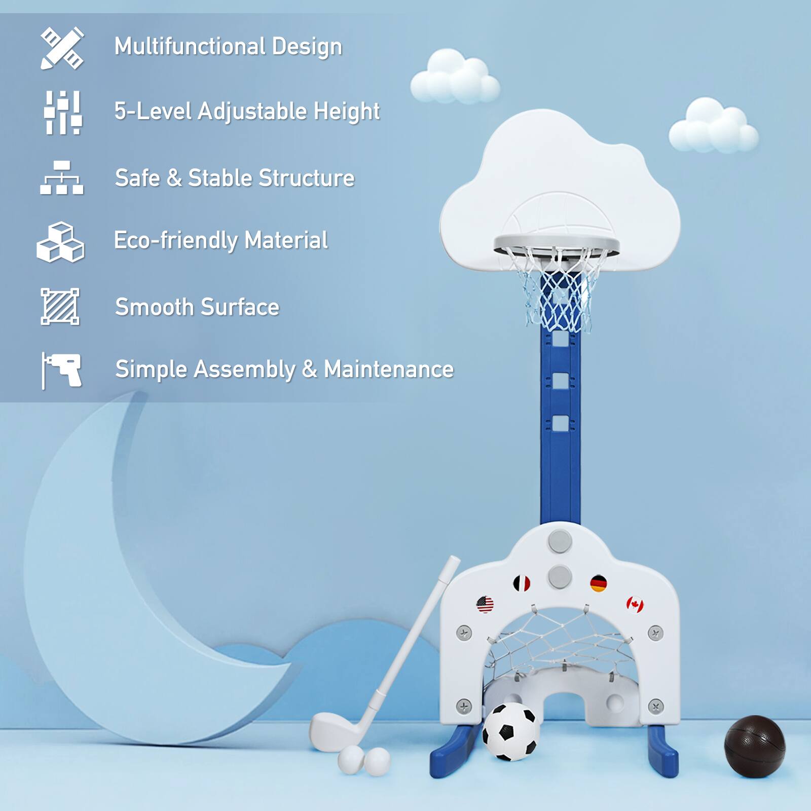 Multifunctional Design, 5-Level Adjustable Height, Safe & Stable Structure, Eco-friendly Material, Smooth Surface, Simple Assembly & Maintenance