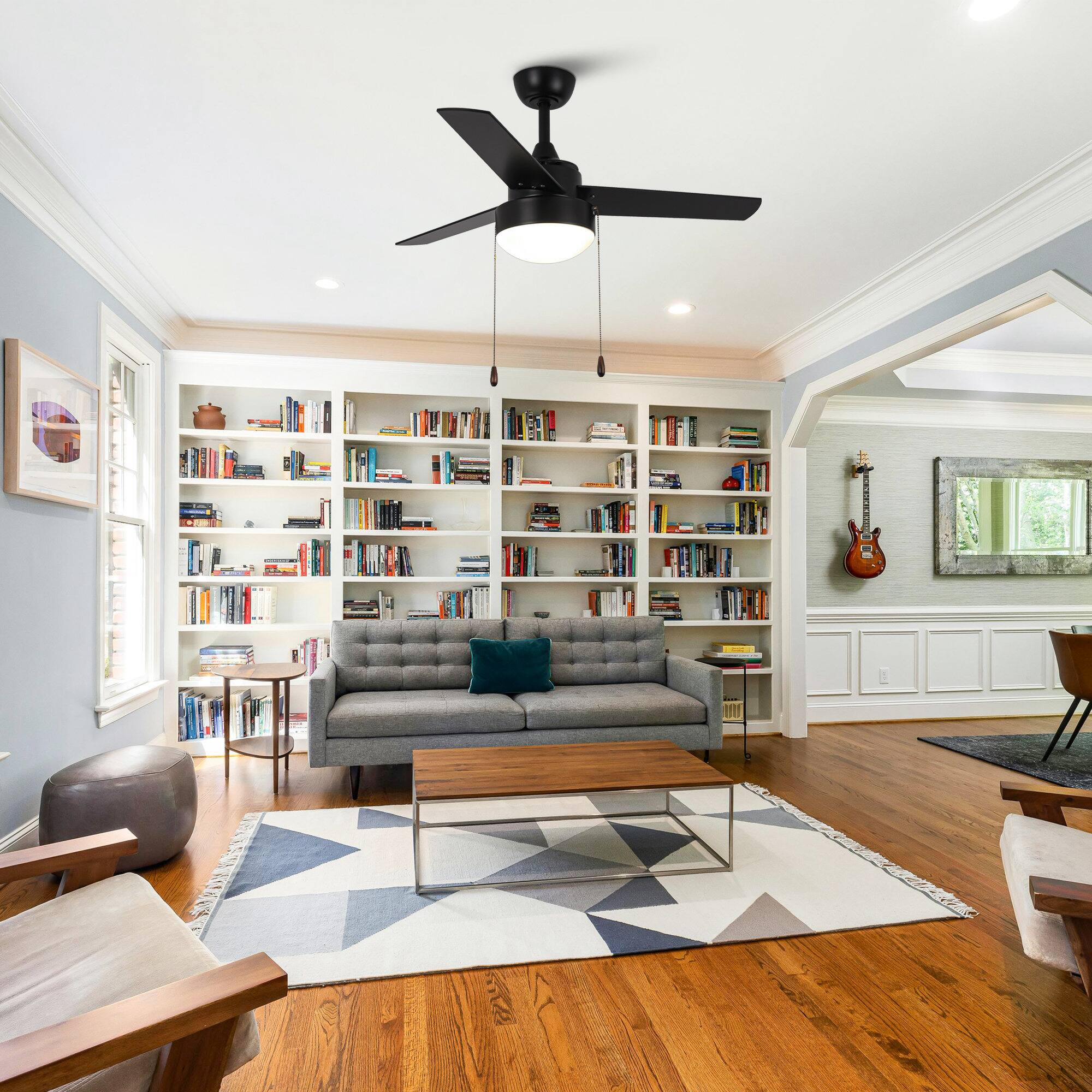 Angle. Vaczon - 42" Modern Black 3-Speed AC Motor Ceiling Fan with Pull Chain - Black.