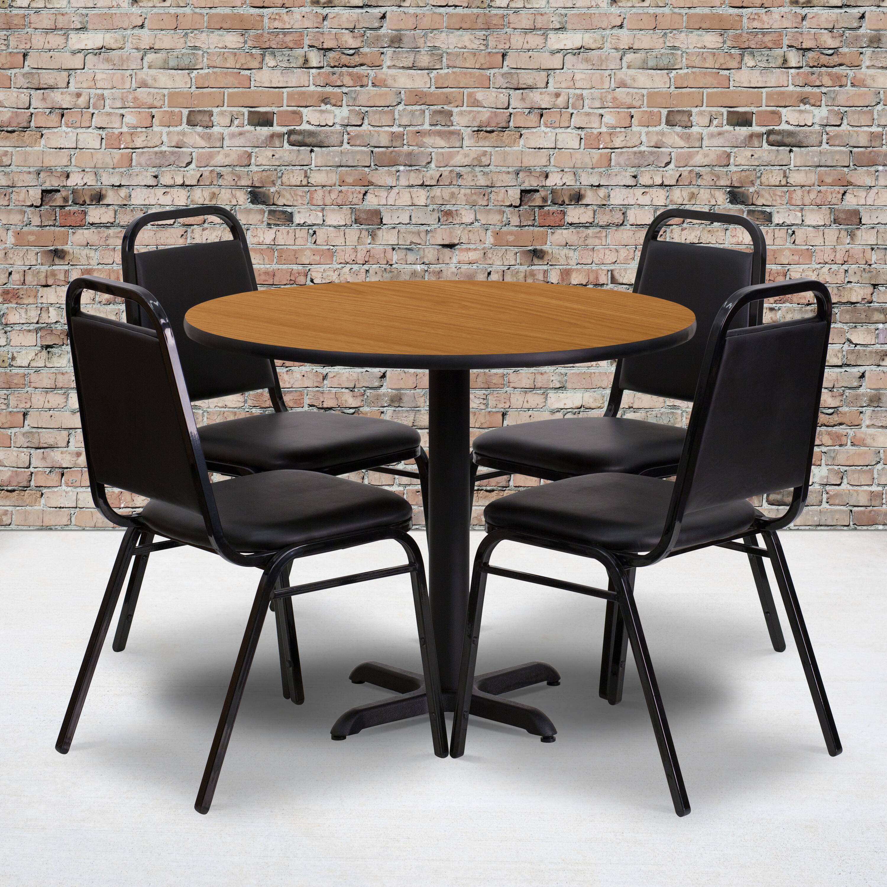 Alt View 1. Emma + Oliver - 36" Round Laminate X-Base Table Set with 4 Banquet Chairs - Natural Top/Black Vinyl Seat.
