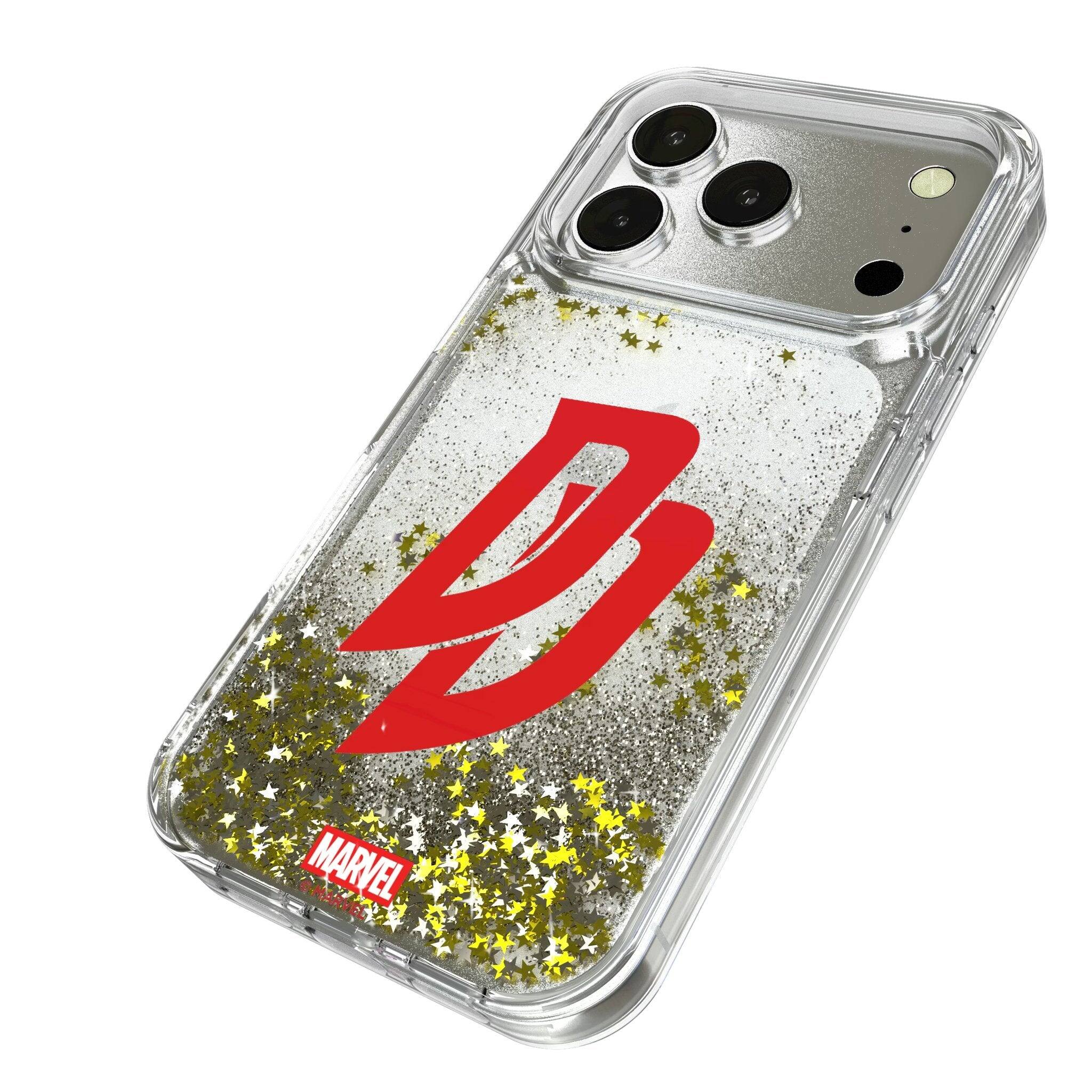 Angle. Keyscaper - Marvel Badge Glitter Phone Case - Apple iPhone 17 Pro - Daredevil.