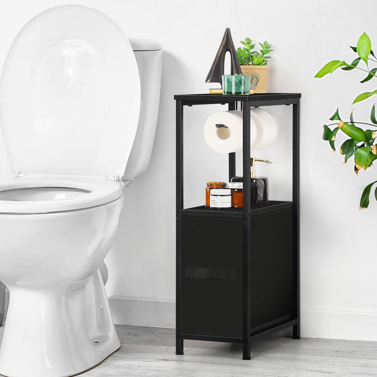 Front. Oumilen - Freestanding Toilet Paper Storage Shelf with Fabric Drawer, Black - Black.