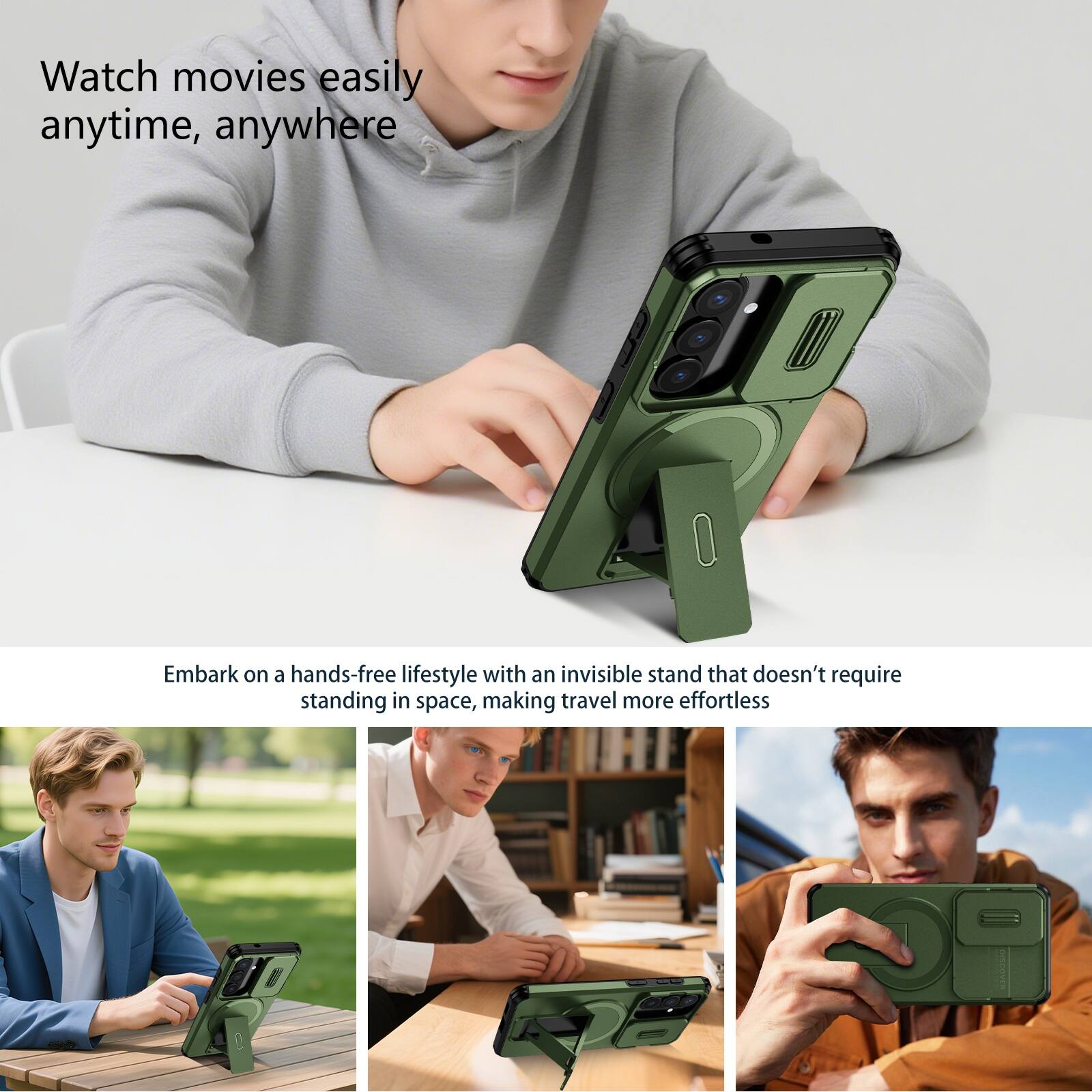 Watch movies easily anytime, anywhere

Embark on a hands-free lifestyle with an invisible stand that doesn't require standing in space, making travel more effortless