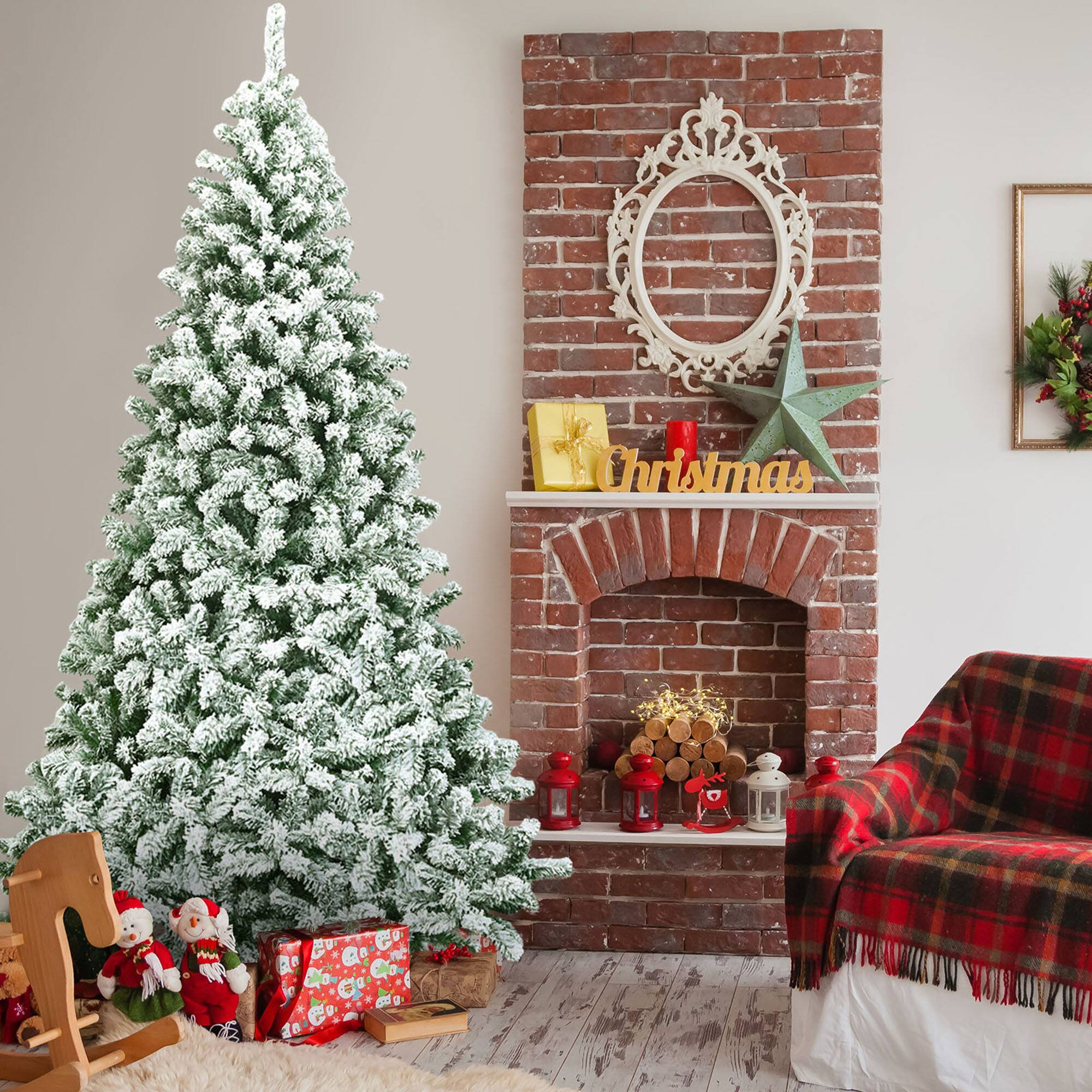 Gymax - 7.5ft Snow Flocked Christmas Tree Hinged Artificial Pine Tree w/ Metal Stand - Green