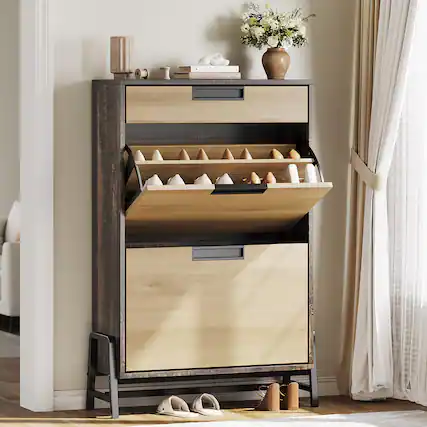 Front. Babevy - Shoe Storage Organizer with 2 Flip Drawers and 1 Drawer, Freestanding Narrow Shoe Rack with Adjustable Shelves - Oak.