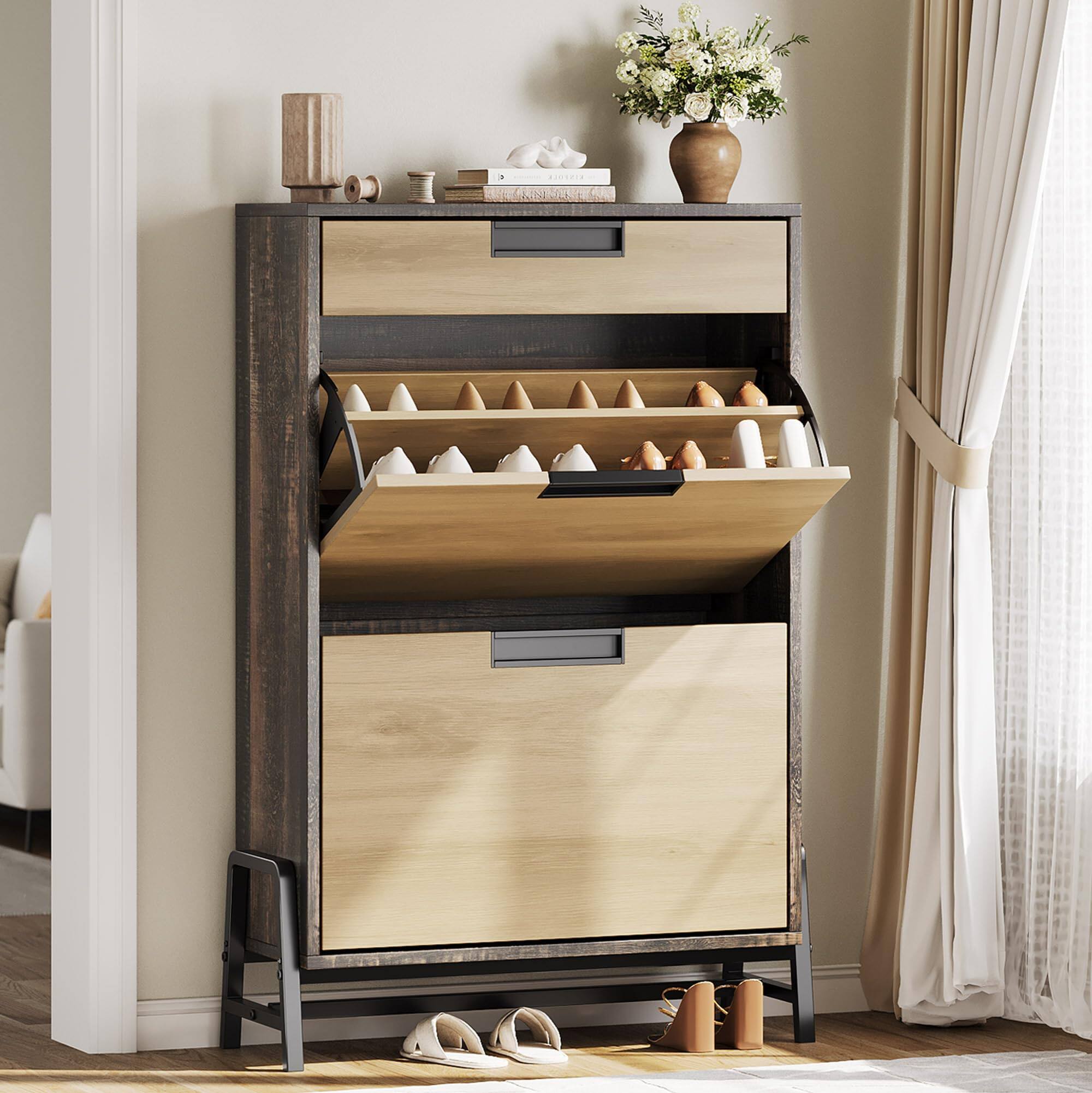 Front. Babevy - Shoe Storage Organizer with 2 Flip Drawers and 1 Drawer, Freestanding Narrow Shoe Rack with Adjustable Shelves - Oak.