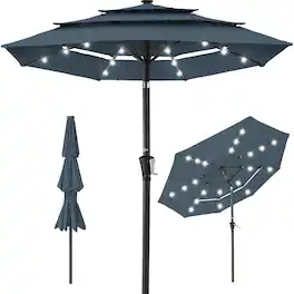 Best Choice Products - 10ft 3-Tier Solar Patio Umbrella w/ 24 LED Lights, Tilt Adjustment, Easy Crank - Slate Blue