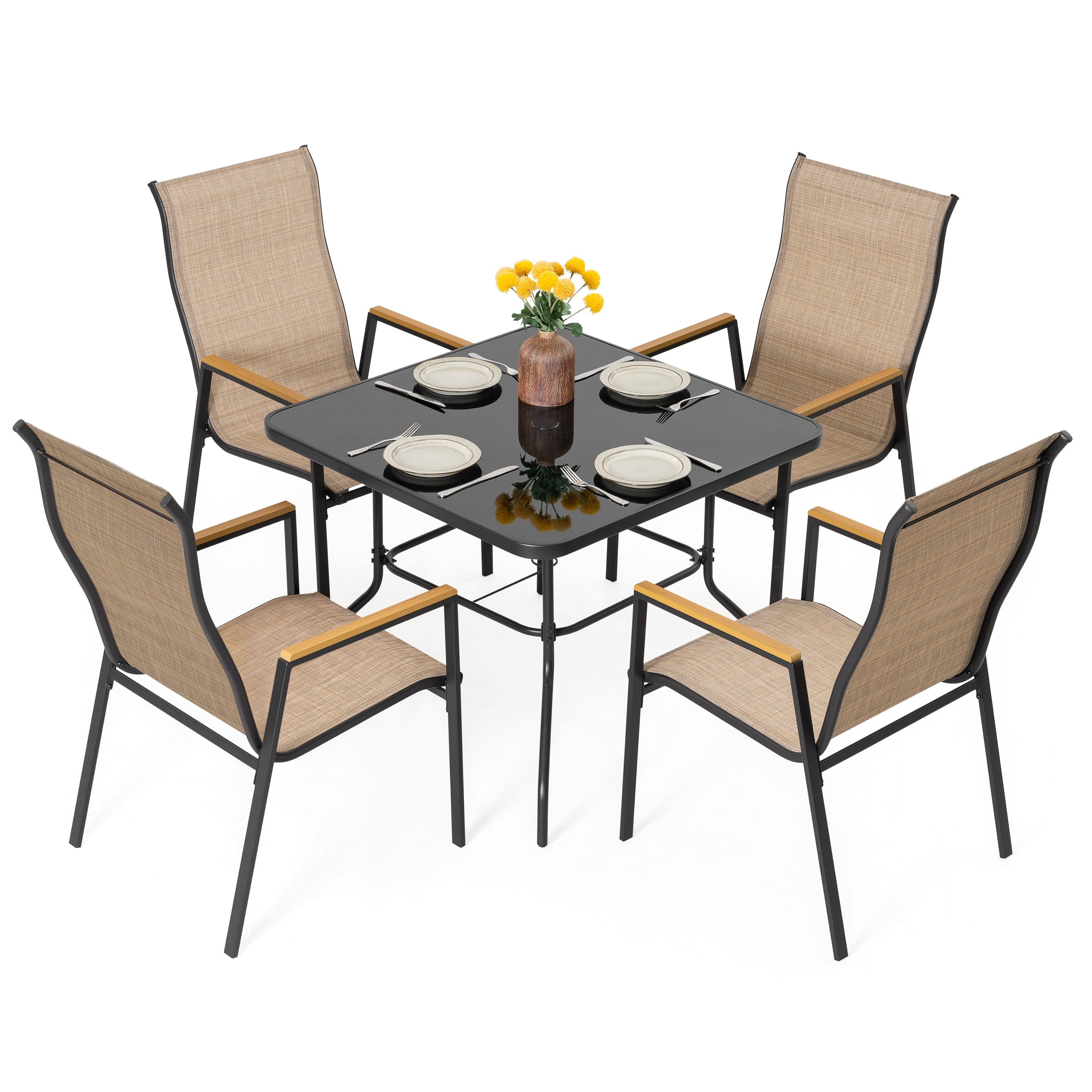 Nuu Garden - 5PCS Patio Dining Set with Umbrella Hole, Textilene Stackable Chairs - Black and Khaki
