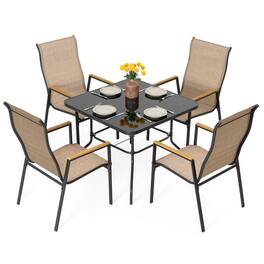 Nuu Garden - 5PCS Patio Dining Set with Umbrella Hole, Textilene Stackable Chairs - Black and Khaki