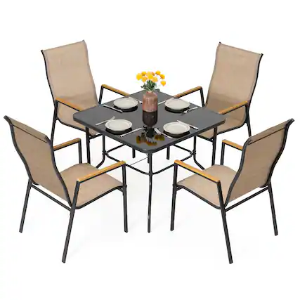 Front. Nuu Garden - 5PCS Patio Dining Set with Umbrella Hole, Textilene Stackable Chairs - Black and Khaki.