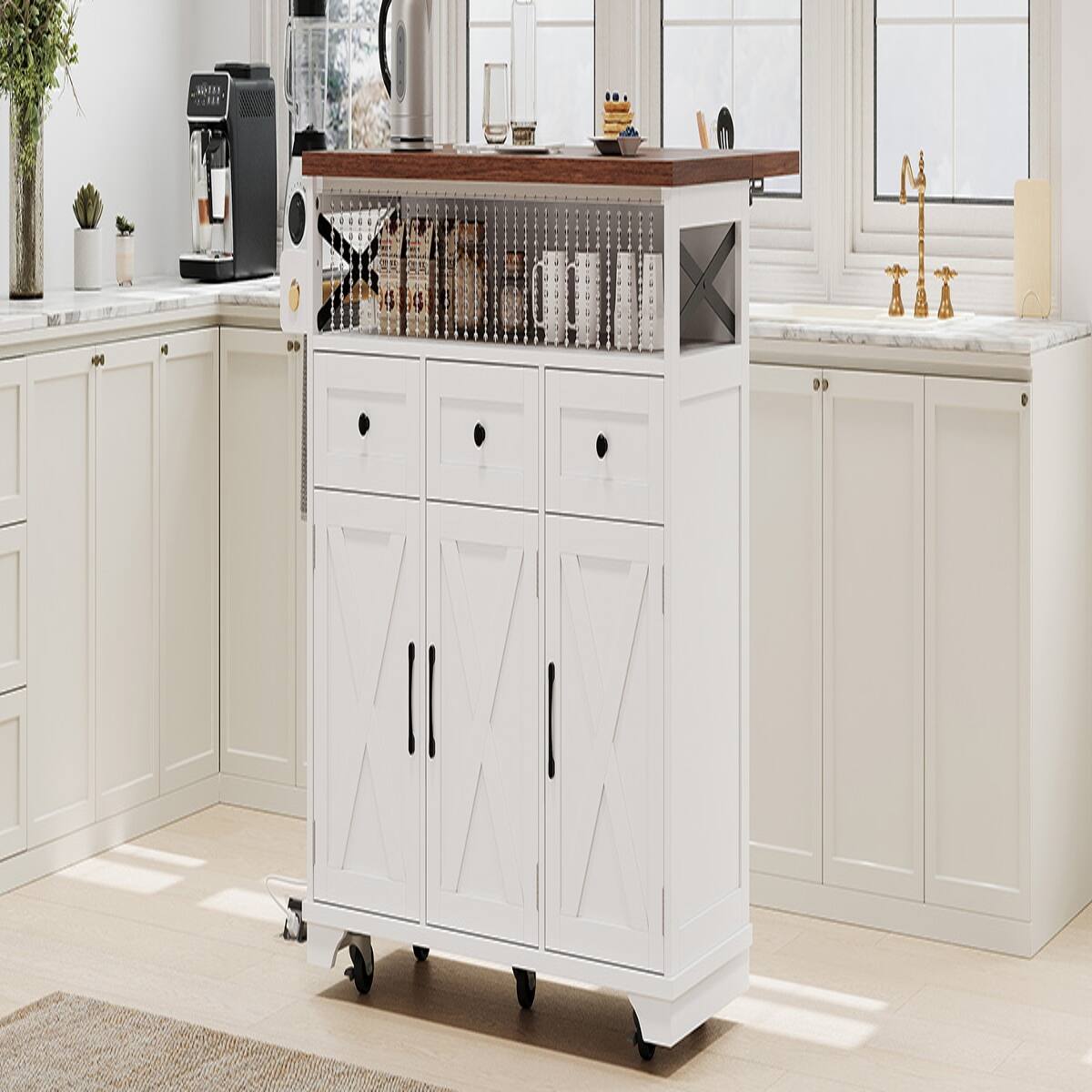 Alt View 9. Loheer - Loheer 46.5'' Farmhouse Kitchen Island with Drop Leaf, Rolling Kitchen Cart with Power Outlet and Beaded Drape, White - White.