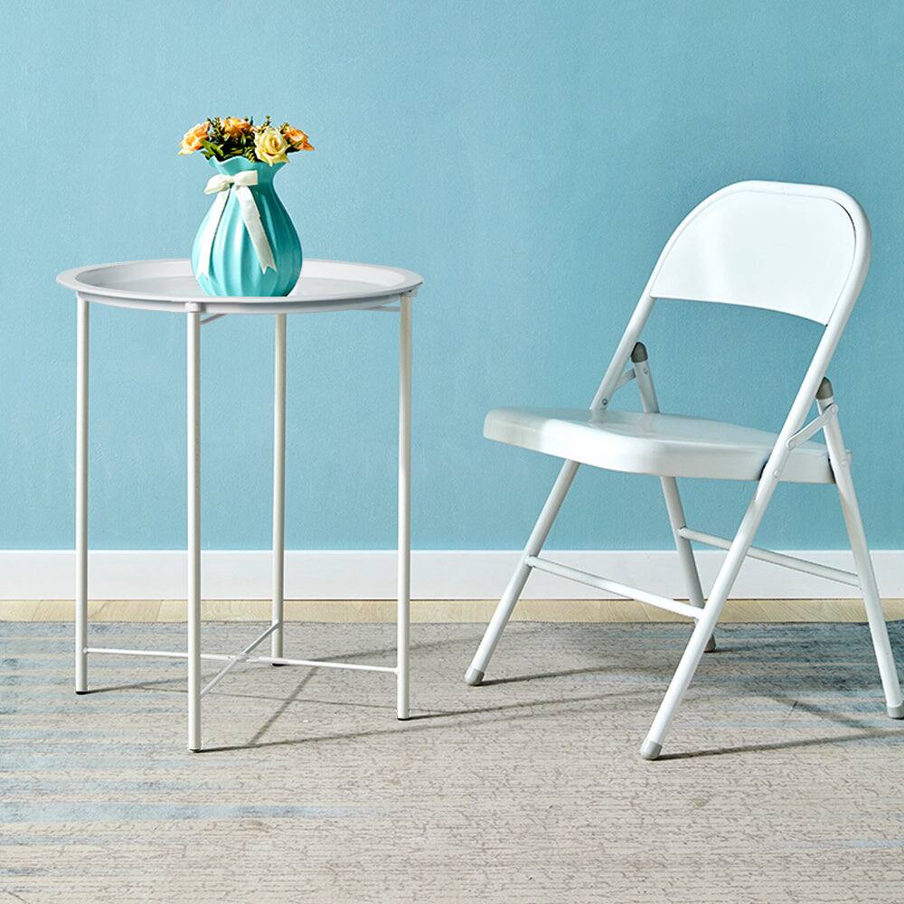 Alt View 2. Vecelo - Set of 2 Foldable Metal Side Table with Removable Tray, Round Indoor Outdoor End Table for Living Room or Patio - Grey.