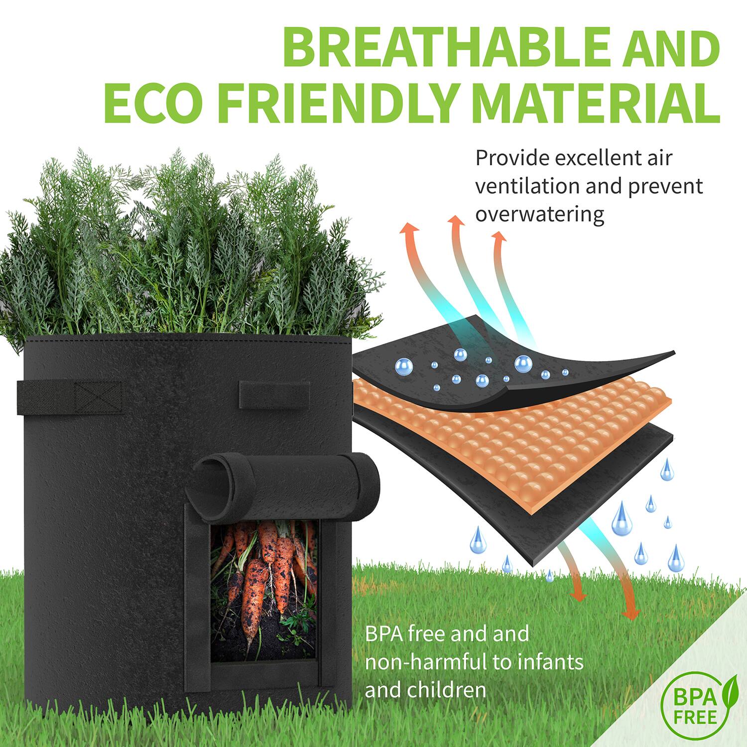 BREATHABLE AND ECO FRIENDLY MATERIAL  
Provide excellent air ventilation and prevent overwatering  

BPA free and non-harmful to infants and children  

BPA FREE
