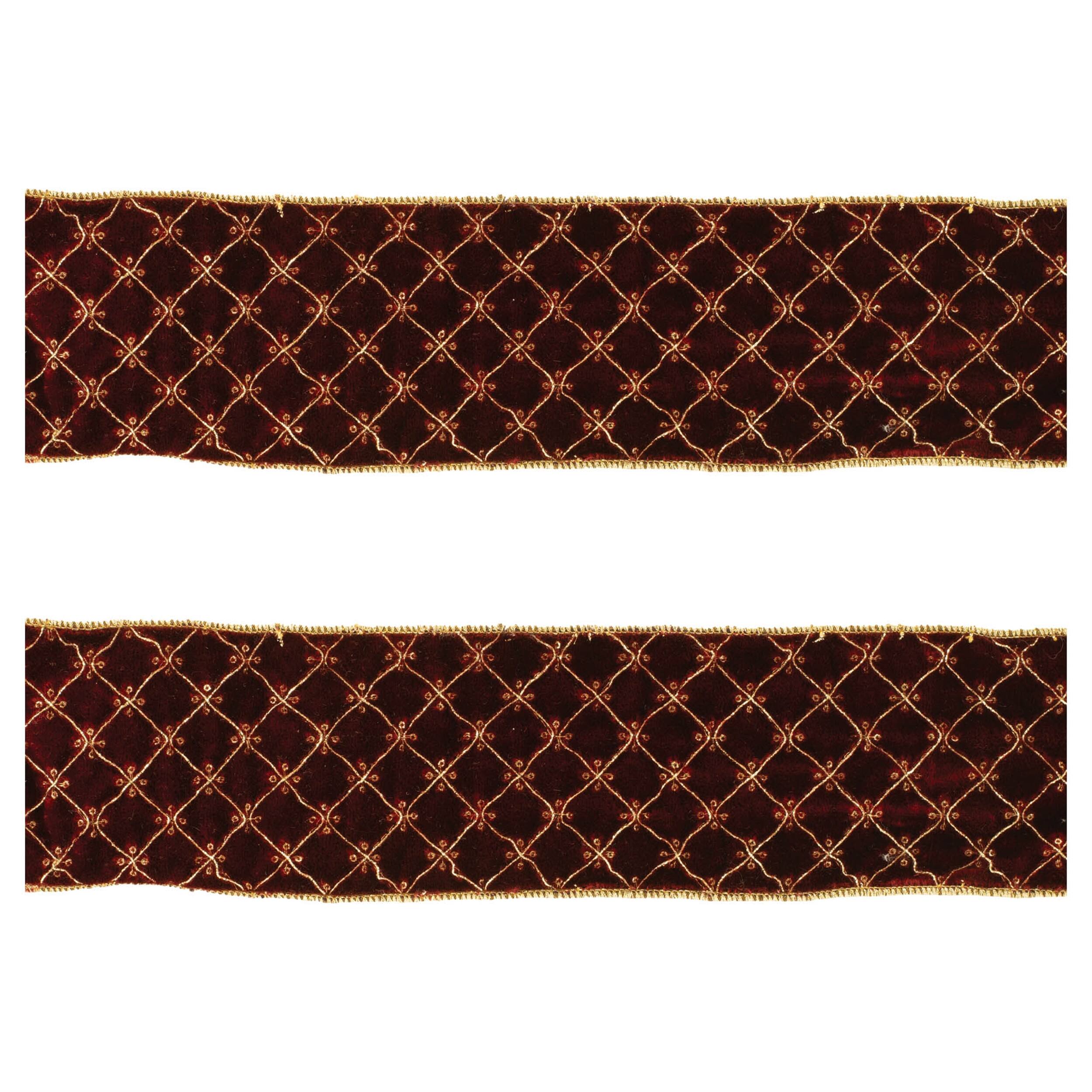 Left. BreeBe - Ornate Diamond Pattern Wired Ribbon (Set of 2) - Red, Gold.