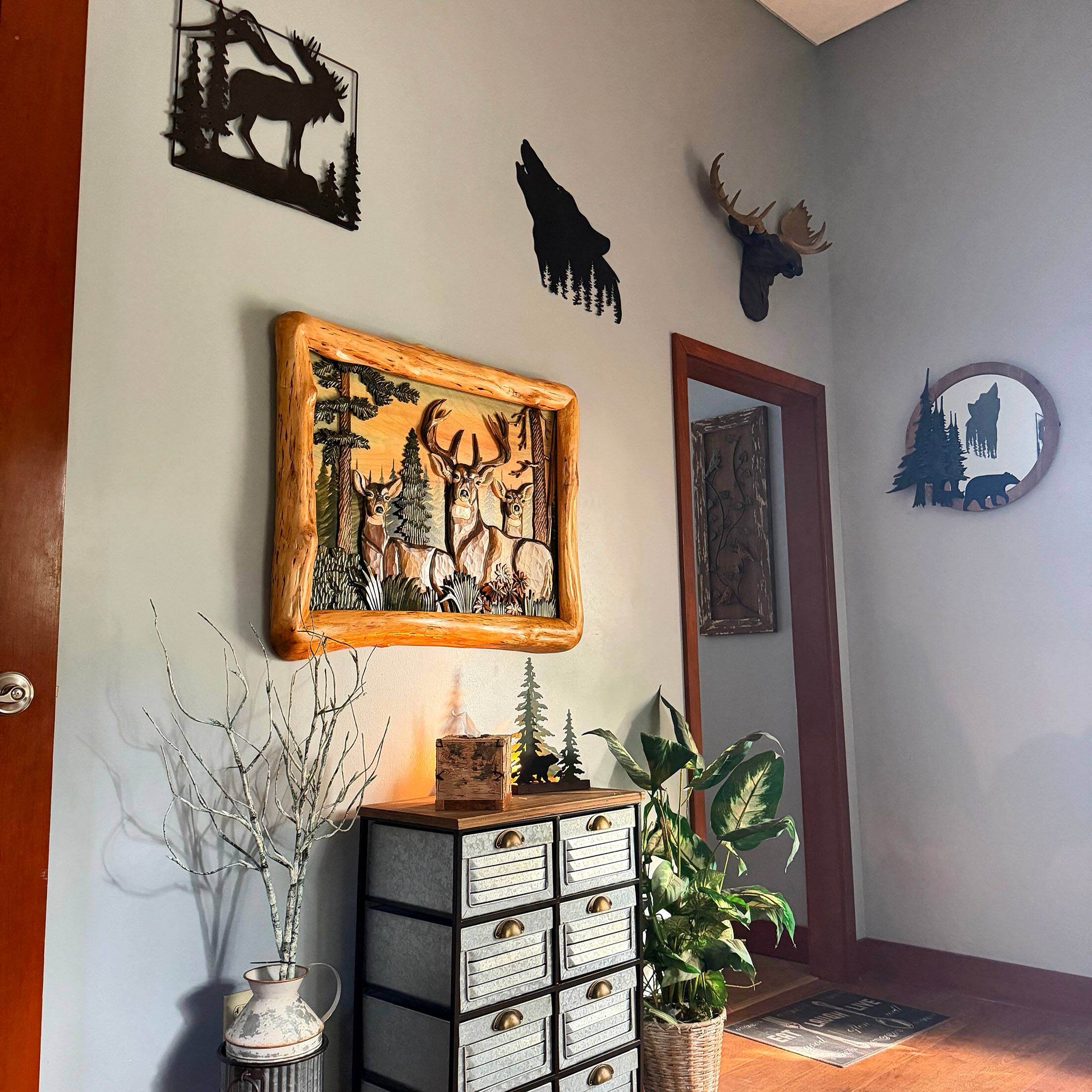 Alt View 7. Zeckos - Deer in Woods Intarsia Wood Wall Sculpture 36x28 Rustic Cabin Lodge Decor - Brown.