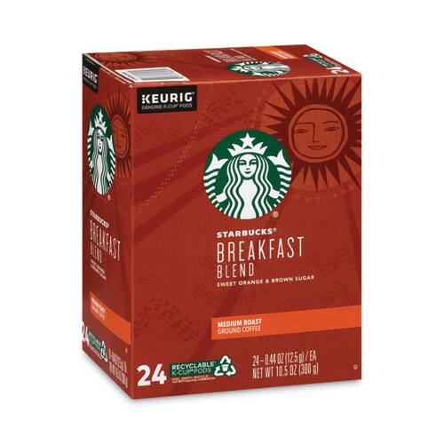 KEURIG  
STARBUCKS  
BREAKFAST BLEND  
SWEET ORANGE & BROWN SUGAR  
MEDIUM ROAST  
GROUND COFFEE  
24 K-CUP PODS  
NET WT 10.5 OZ (300 g)  
RECYCLABLE  
24 - 0.44 OZ (12.5 g) / EA