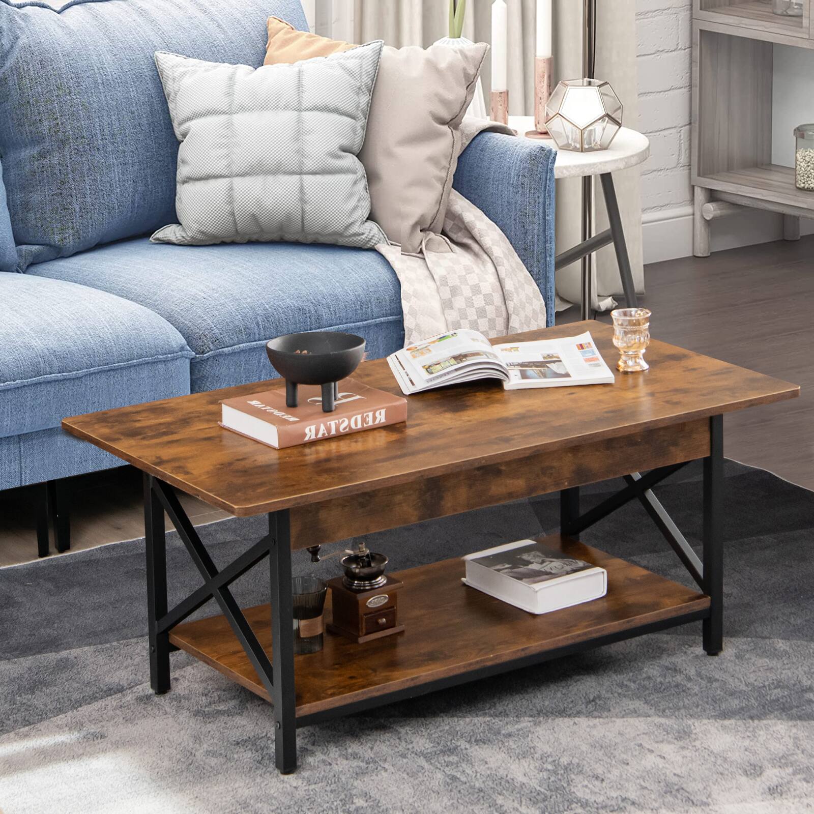 Alt View 11. Costway - Coffee Table  Industrial 2-Tier W/ Storage Shelf &Storage Shelf for Living Room - Rustic Brown.