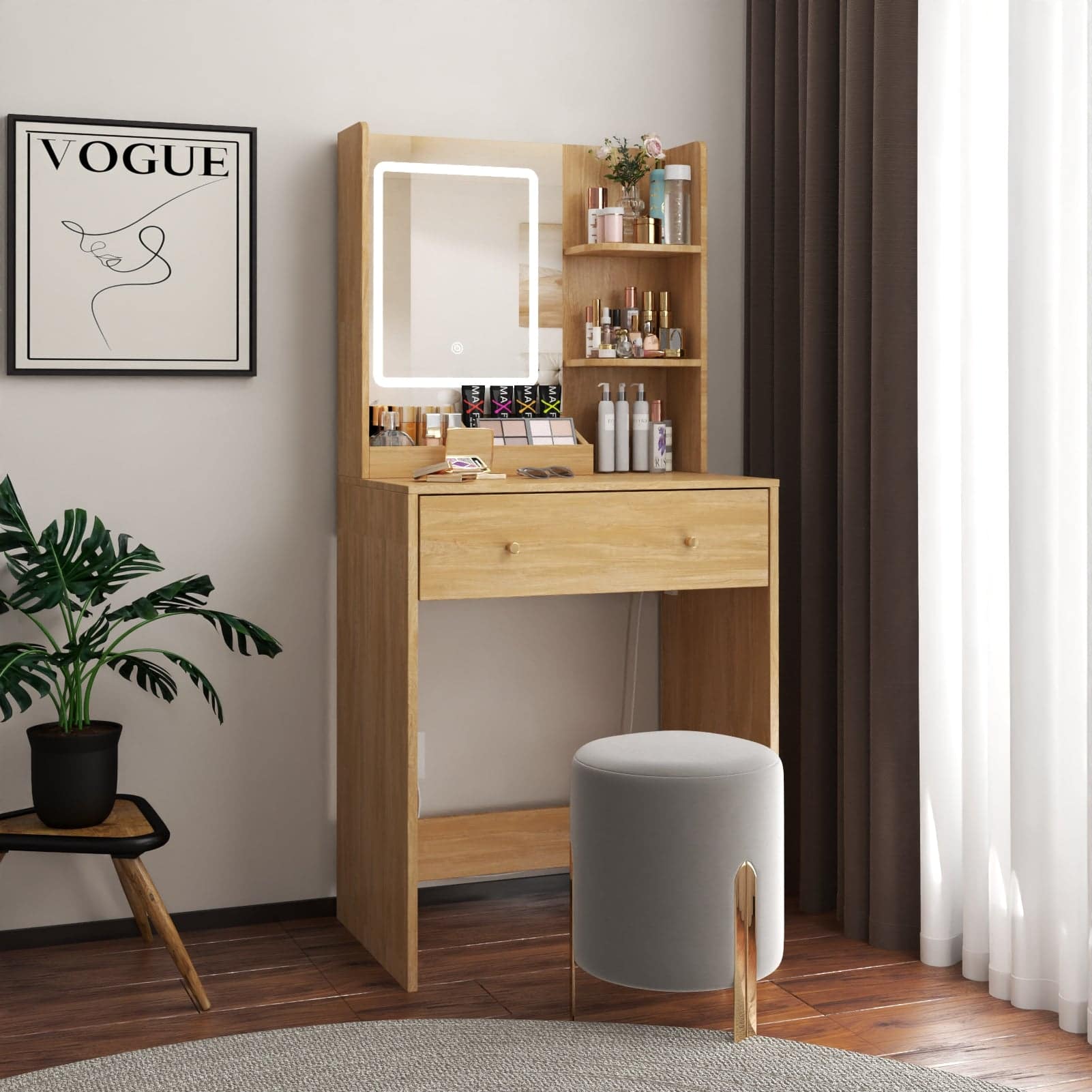 Front. Furologee - Vanity Desk with Mirror and Lights Makeup Vanity with Drawers - Gold.