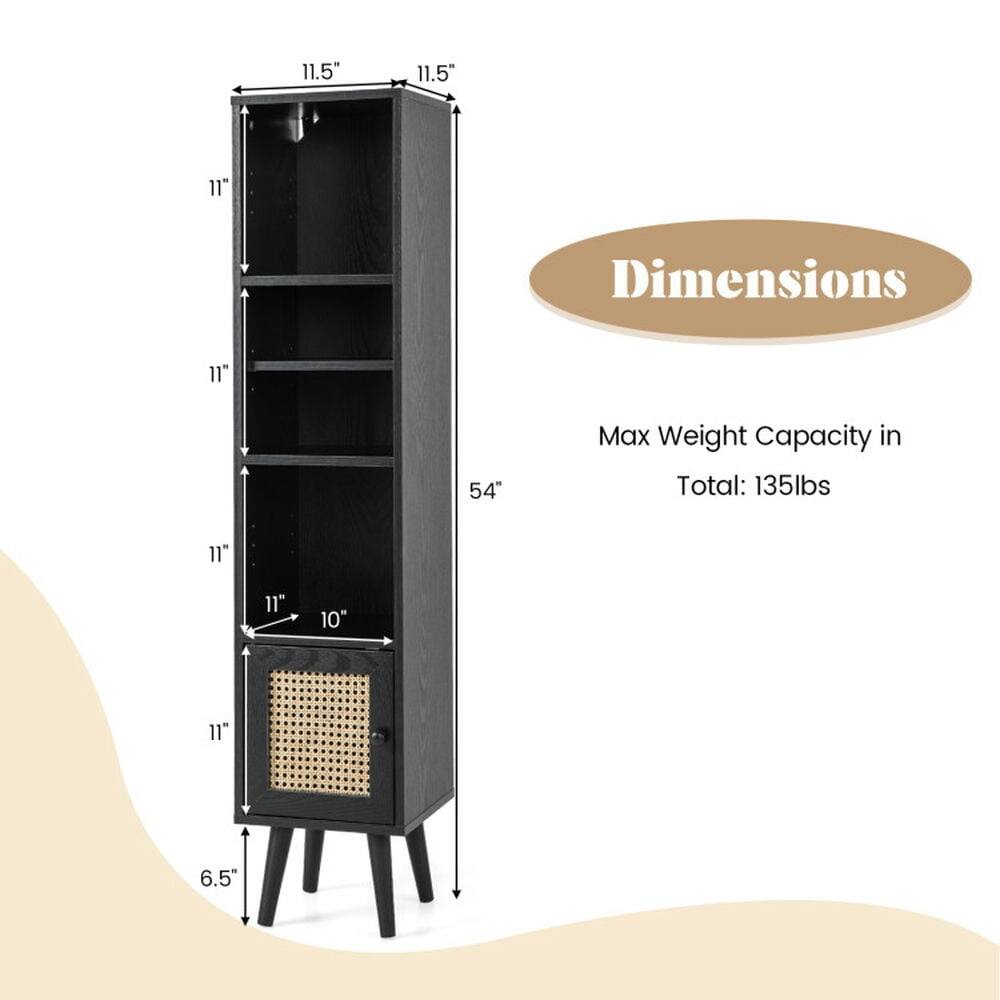 Dimensions:  
- Height: 54"  
- Width: 11.5"  
- Depth: 11"  
- Shelf Depth: 11"  
- Bottom Shelf Depth: 10"  
- Bottom Shelf Height from Floor: 6.5"  

Max Weight Capacity in Total: 135lbs