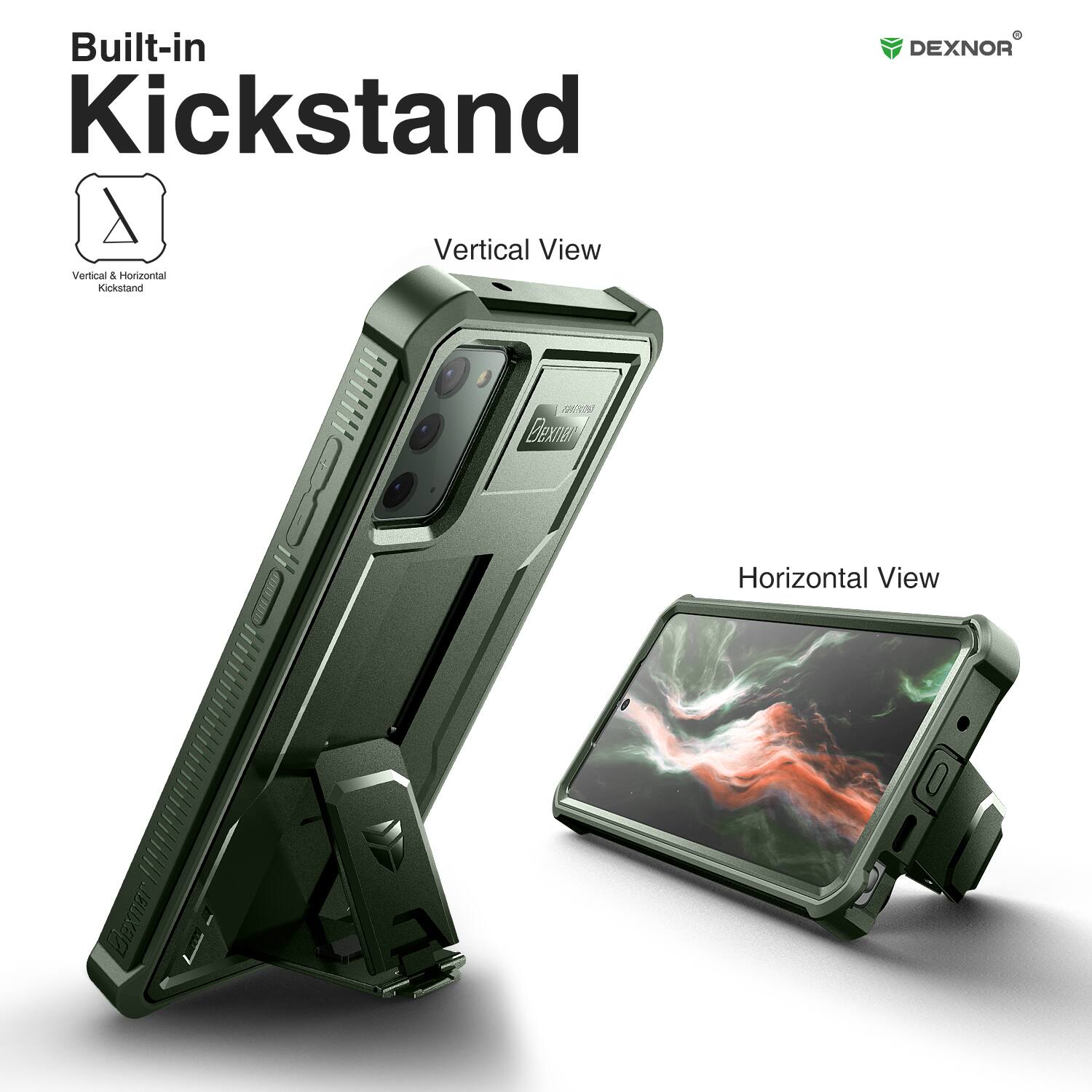 Built-in Kickstand, Vertical View, Horizontal View, DEXNOR, 30 Bemn