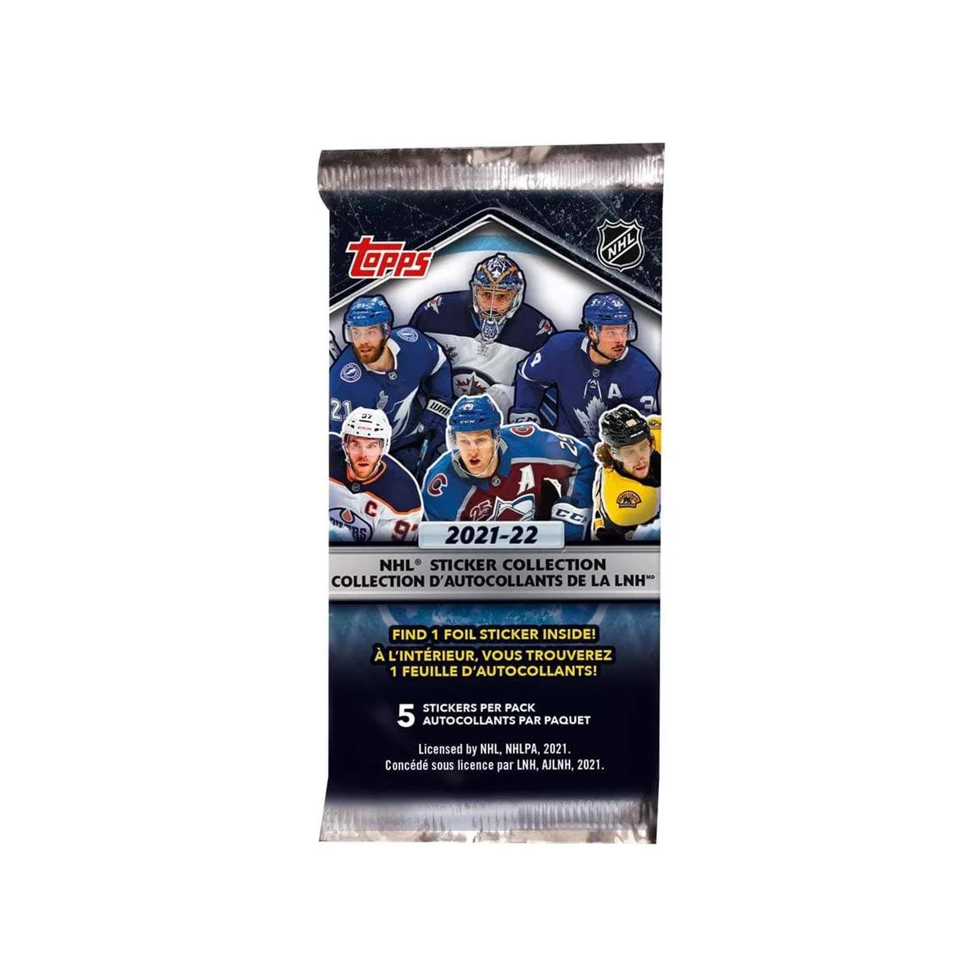 Topps  
2021-22 NHL Sticker Collection  
Collection d'autocollants de la LNH™  

Find 1 foil sticker inside!  
À l'intérieur, vous trouverez 1 feuille d'autocollants!  

5 stickers per pack  
5 autocollants par paquet  

Licensed by NHL, NHLPA, 2021.  
Concéder sous licence par LNH, A.LNH, 2021.