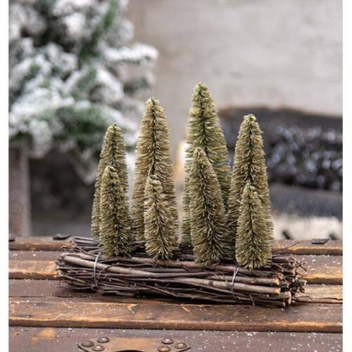 Angle. BreeBe - Bottle Brush Christmas Trees on Wooden Log - Green, Brown.