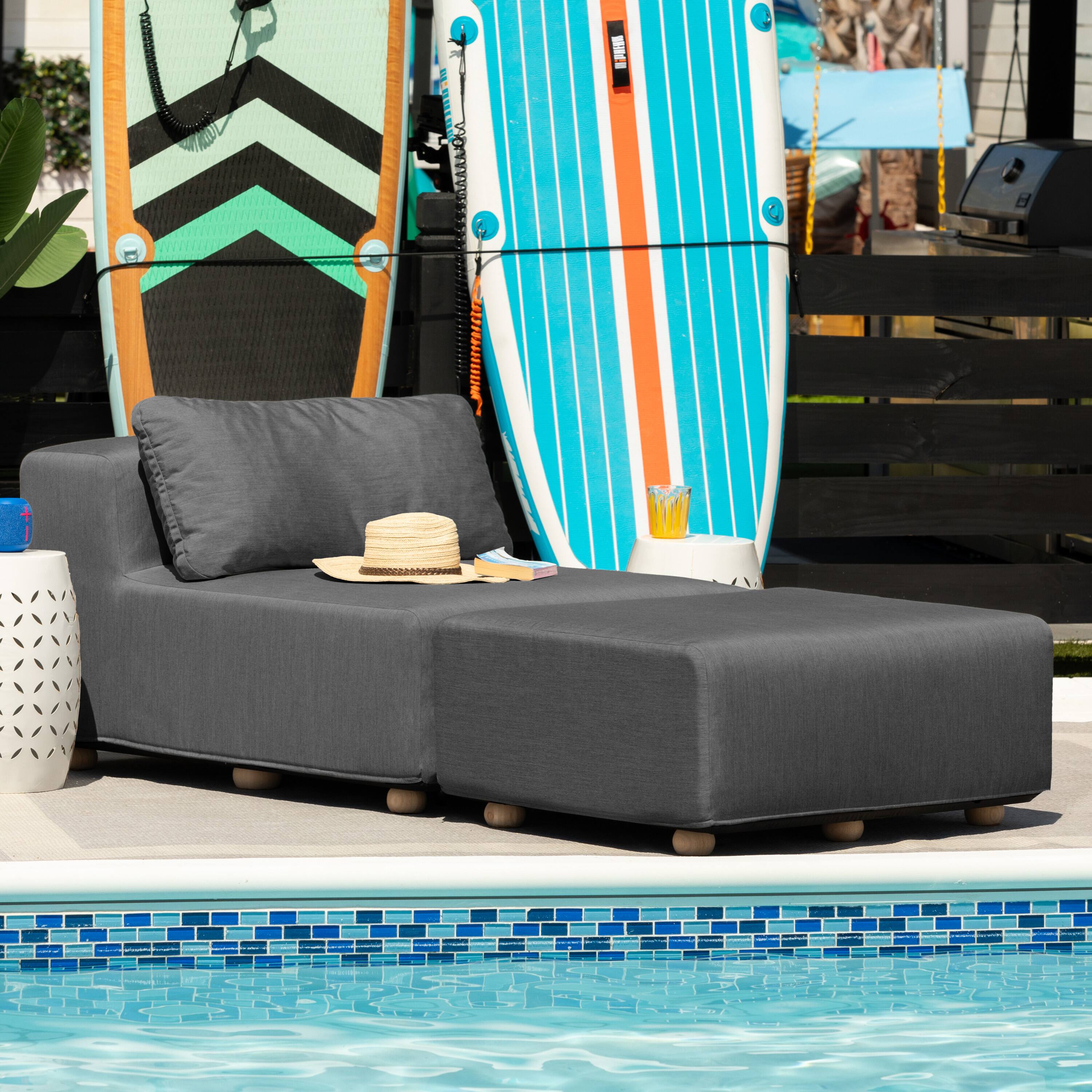 Angle. Jaxx - Jaxx Vada Outdoor Sun Lounger Luxury Modular Chaise & Ottoman w/ Sunbrella Fabric & Waterproof Cover, Sunbrella Charcoal - Charcoal.