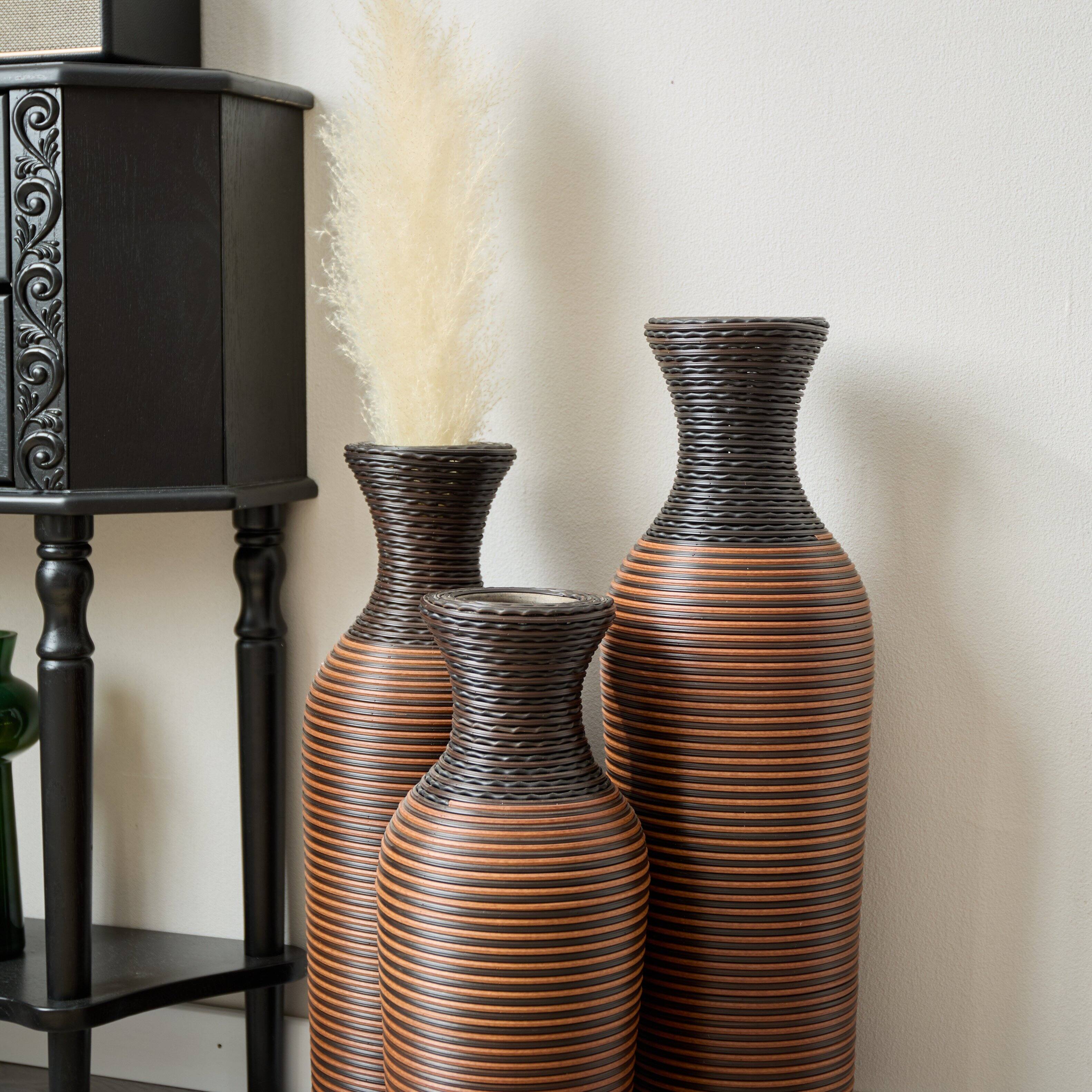 Back. Anysun - Hand-Woven PVC Rattan Vases Set of 3 - Brown Floor Vases, 27.56/23.62/19.69in for Farmhouse Decor - Brown Gray.