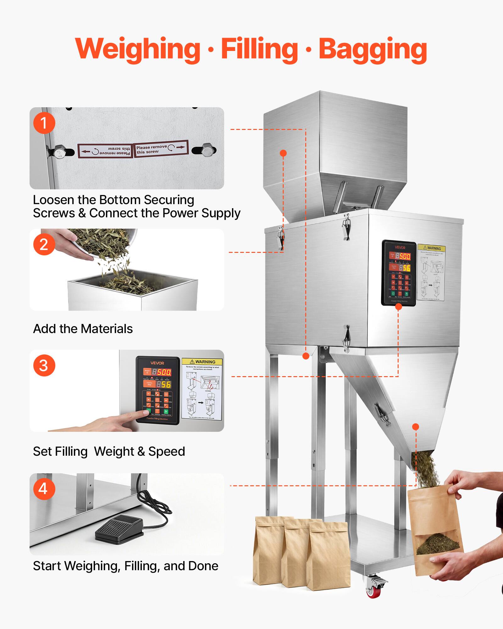 Weighing • Filling • Bagging

1. Loosen the Bottom Securing Screws & Connect the Power Supply
2. Add the Materials
3. Set Filling Weight & Speed
4. Start Weighing, Filling, and Done