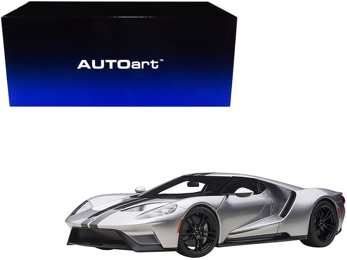 Front. Autoart - 2017 Ford GT Ingot Silver Metallic with Black Stripes 1/12 Model Car by Autoart - Silver Metallic with Black Stripes.