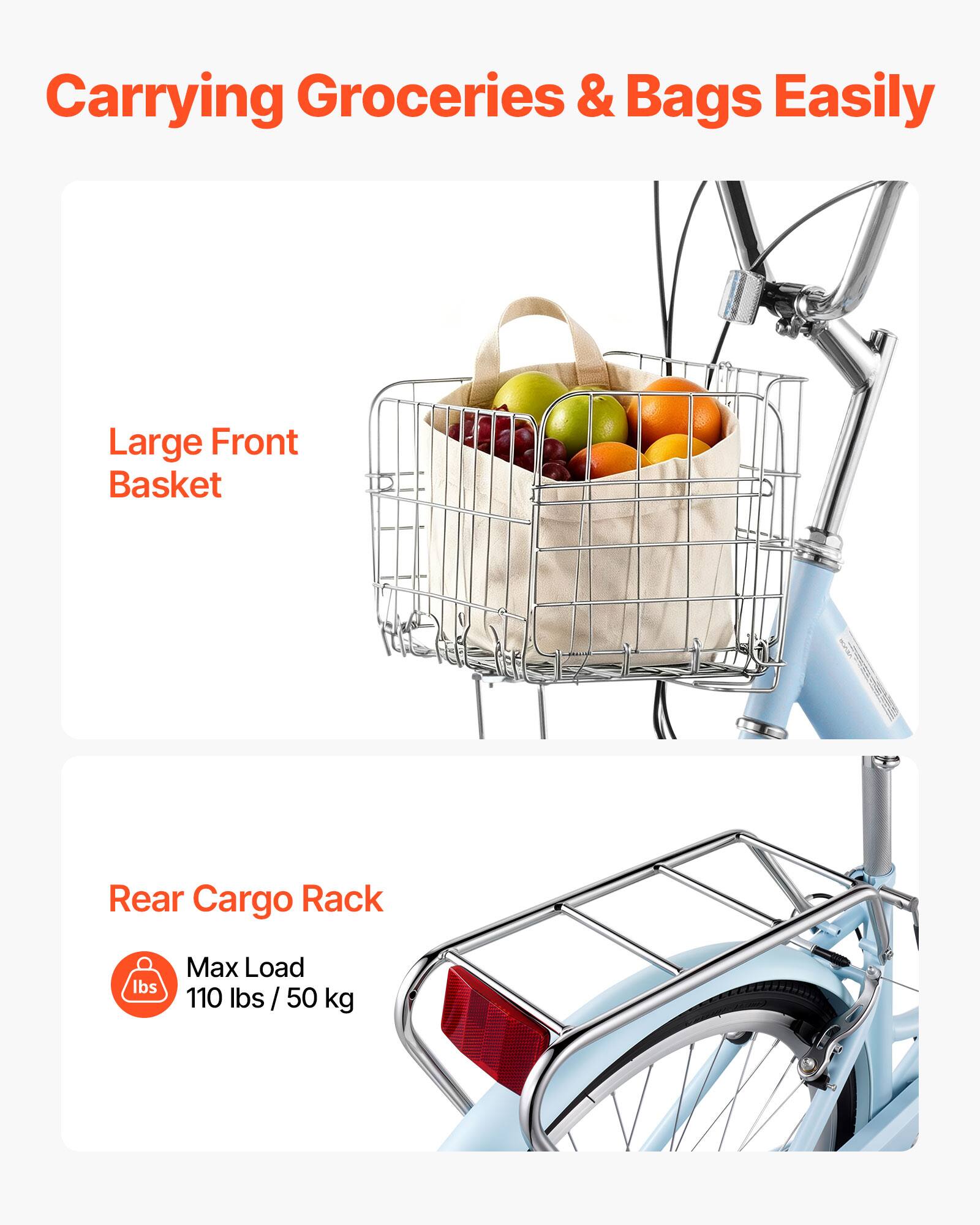 Carrying Groceries & Bags Easily

Large Front Basket

Rear Cargo Rack

Max Load
110 lbs / 50 kg
