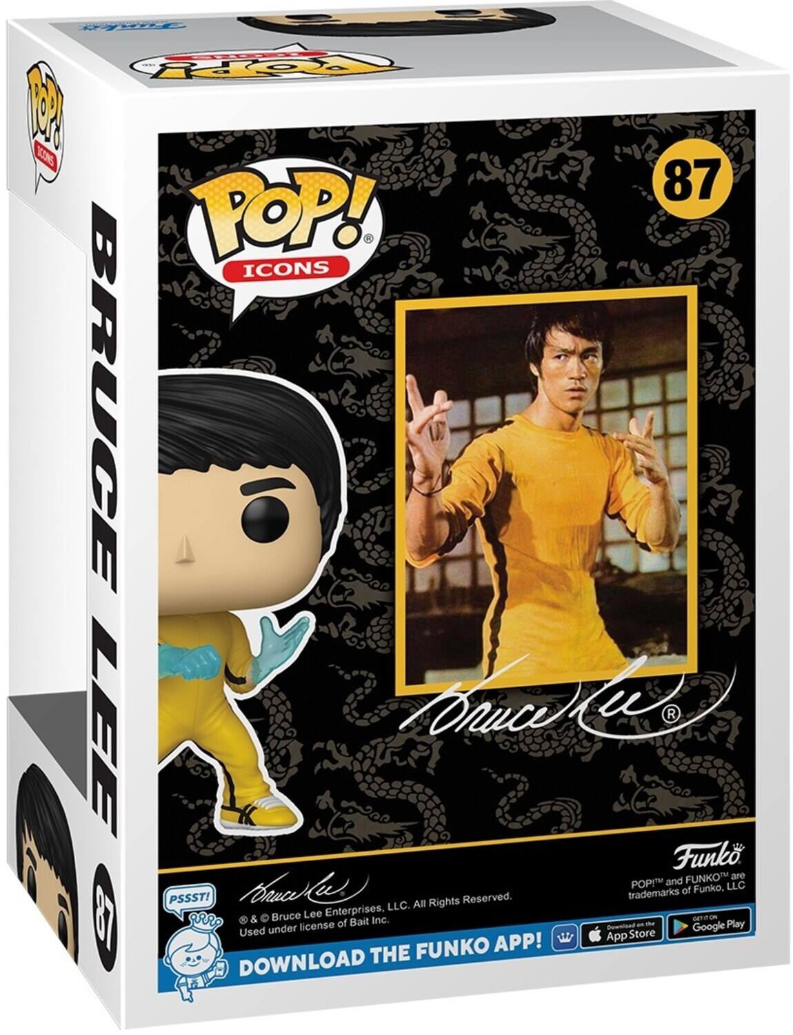 POP! ICONS, 87, POP! ICONS, BRUCE LEE, An R, Funko, FUNKO™, are POP and LLC, PSSSTI, Brus LLC. All Rights Reserved., trademarks of Funko, I Bruce Lee Enterprises., DETT on & of Bait Inc., license Used under, Download an the Play Store, APP!, THE FUNKO DOWNLOAD