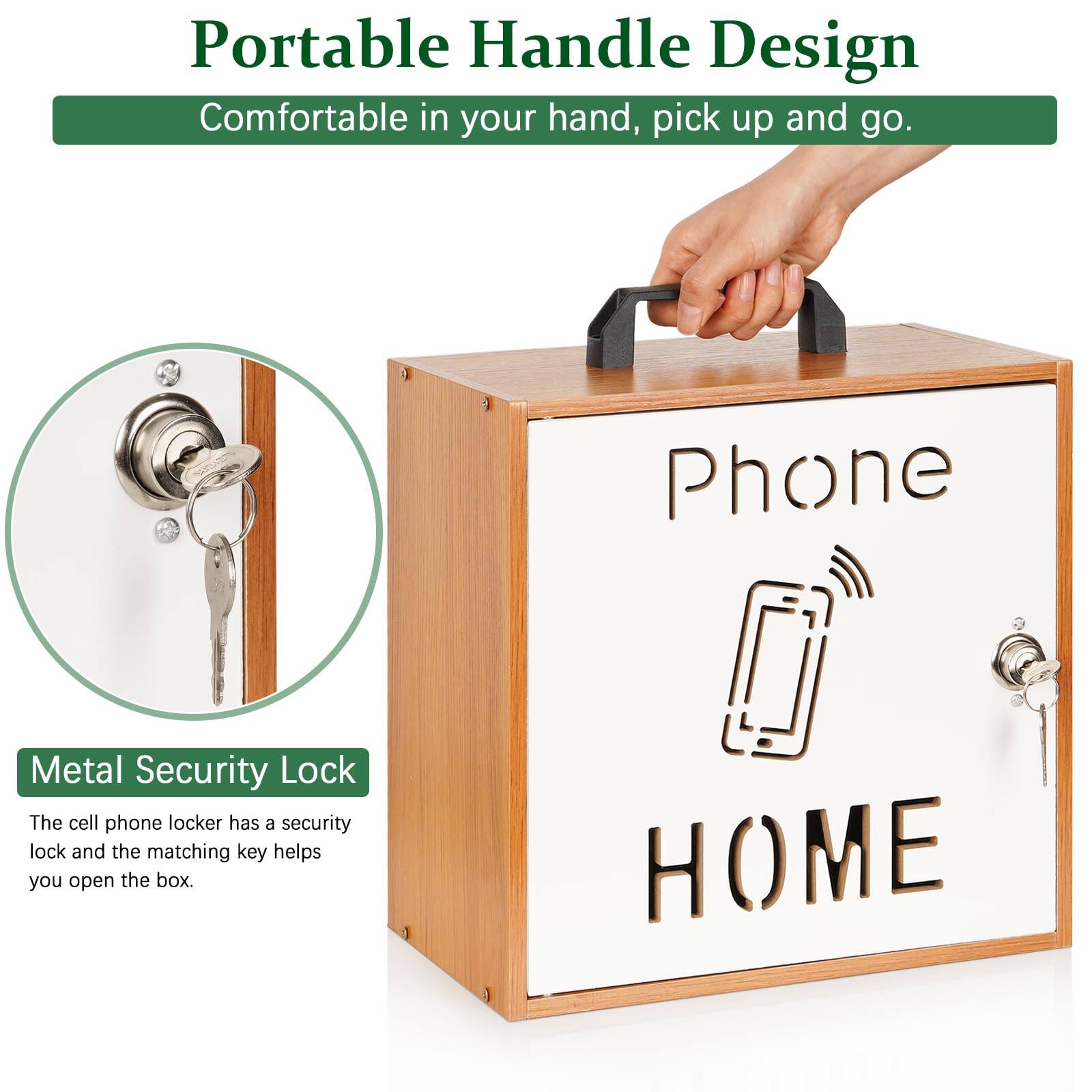 Portable Handle Design  
Comfortable in your hand, pick up and go.

Metal Security Lock  
The cell phone locker has a security lock and the matching key helps you open the box.
