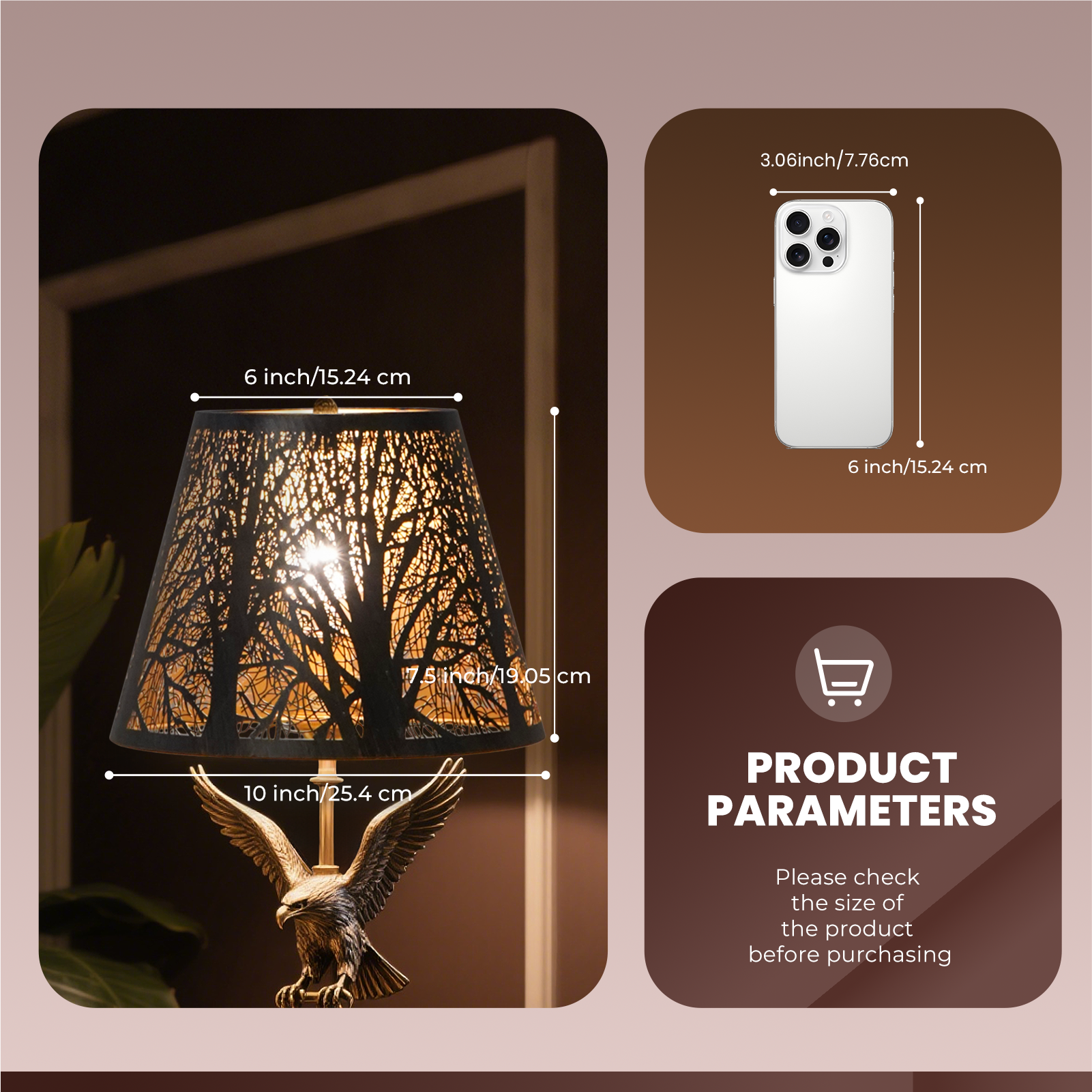 3.06inch/7.76cm, 6 inch/15.24 cm, 6 inch/15.24 cm, 7.5 inch/19.05cm, 10 inch/25.4 cm, PRODUCT PARAMETERS, Please check the size of the product before purchasing