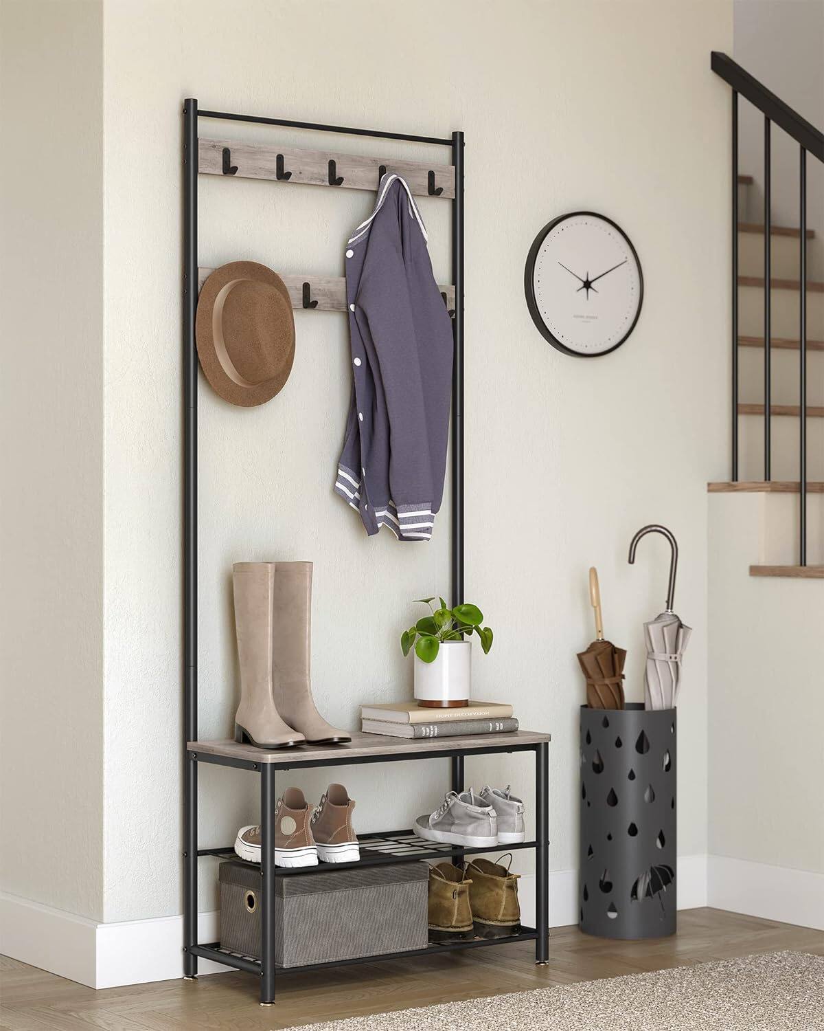 Back. Songmics Home - Hall Tree with Bench & Shoe Storage – Industrial Rustic Brown and Black - Brown.