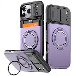 Dteck - Rugged Case for Apple iPhone 17 Pro Max Shockproof Drop Protection Hidden Card Slot Ring Kickstand Sliding Camera Cover - Purple