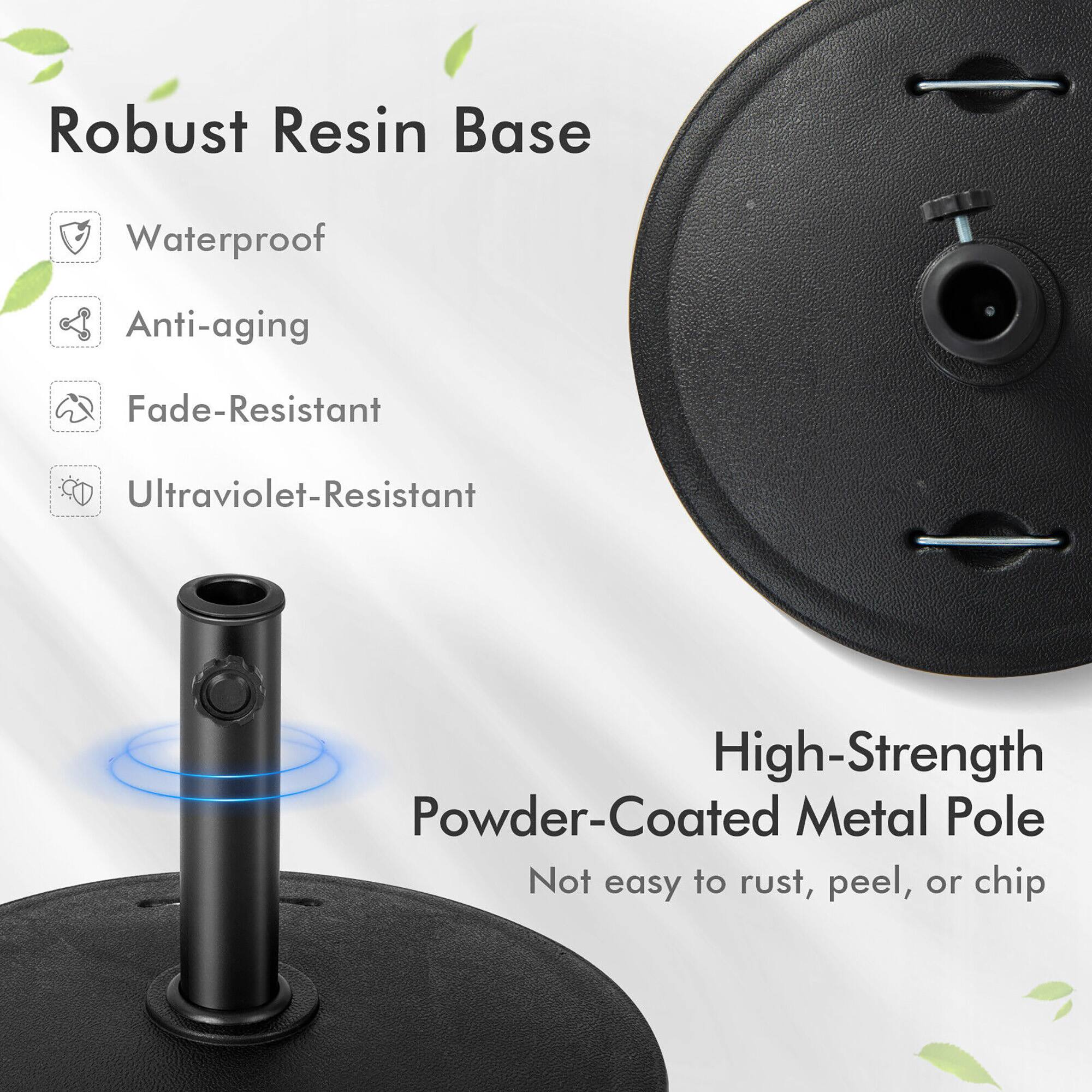 Robust Resin Base  
- Waterproof  
- Anti-aging  
- Fade-Resistant  
- Ultraviolet-Resistant  

High-Strength Powder-Coated Metal Pole  
- Not easy to rust, peel, or chip