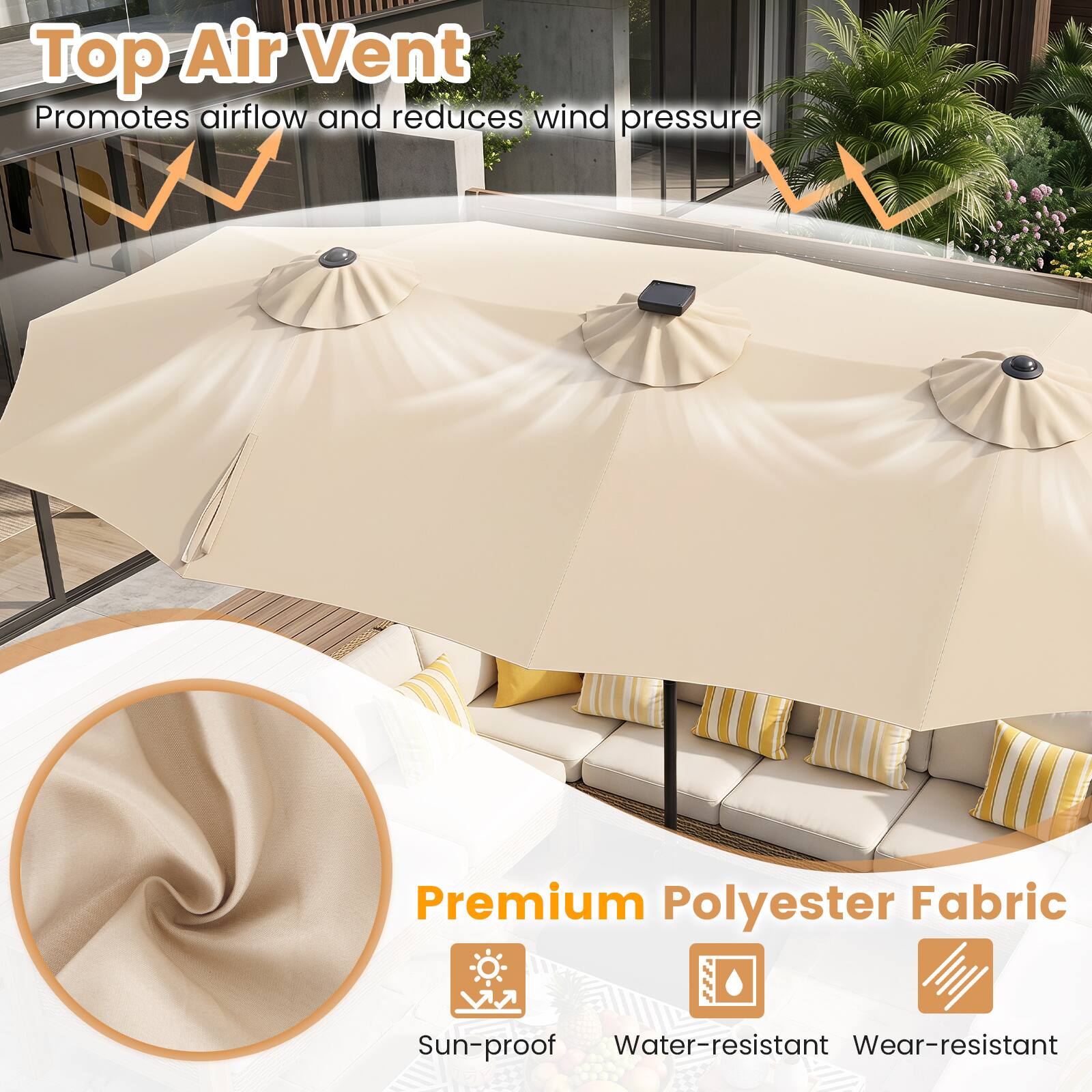 Top Air Vent  
Promotes airflow and reduces wind pressure  

Premium Polyester Fabric  
V11  
Sun-proof  
Water-resistant  
Wear-resistant